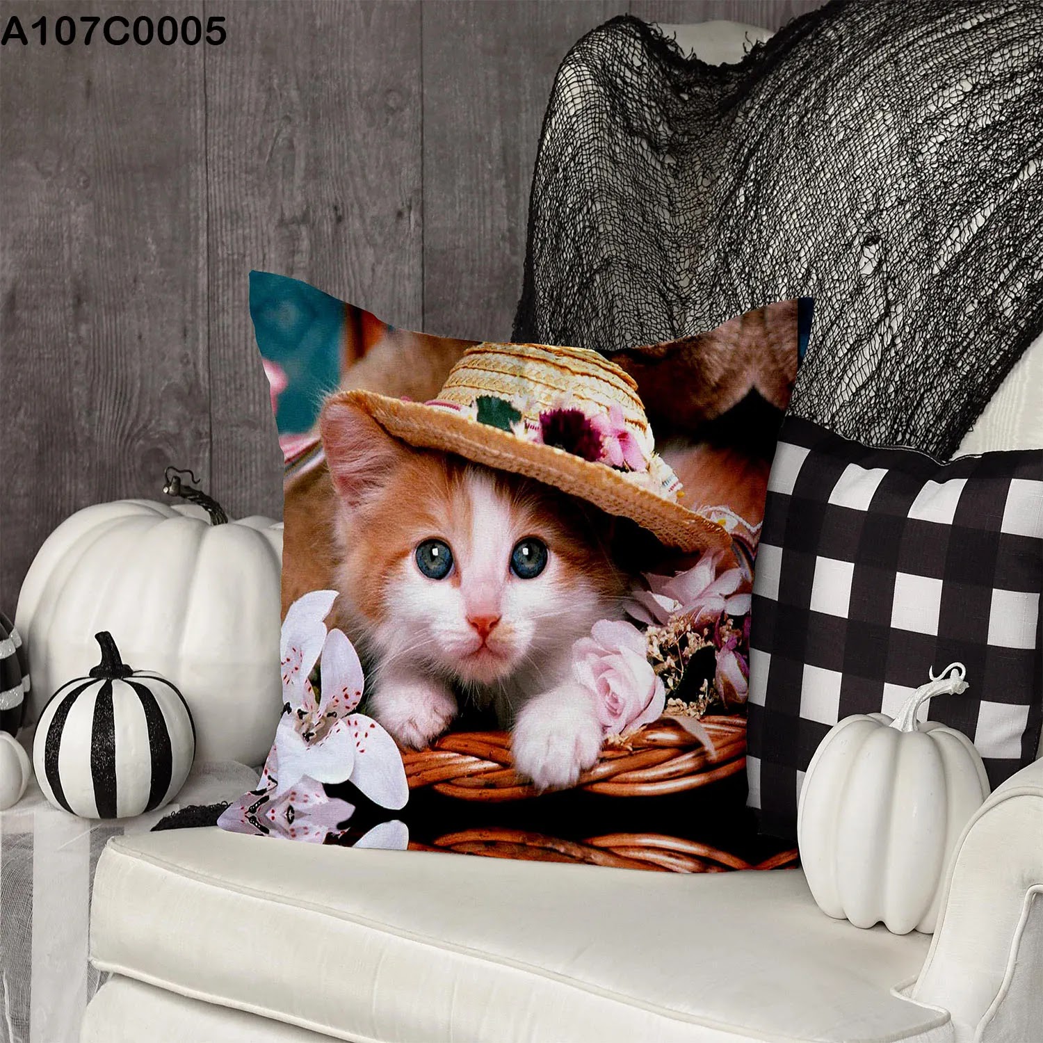 Pillow case with a cat and red hat