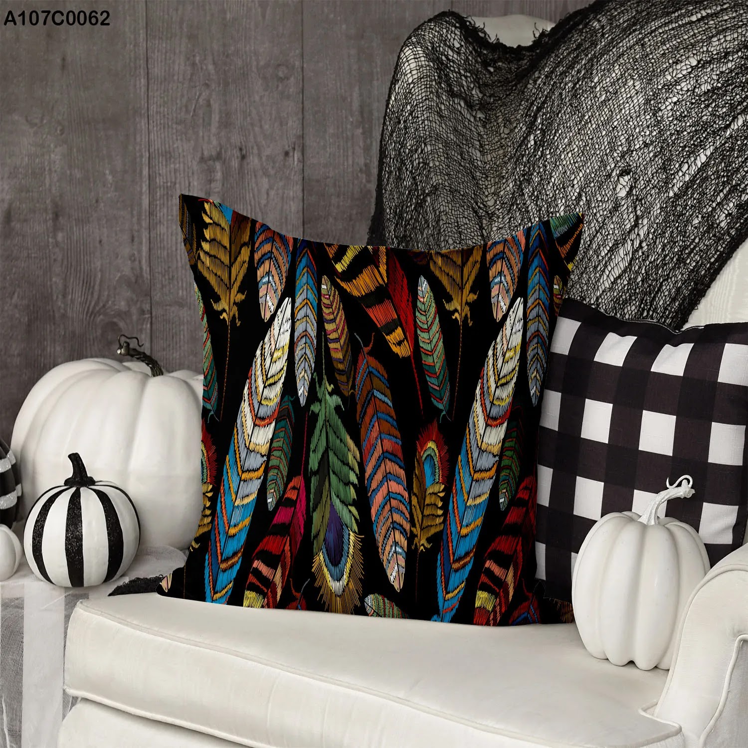 Black pillow case with colored feathers
