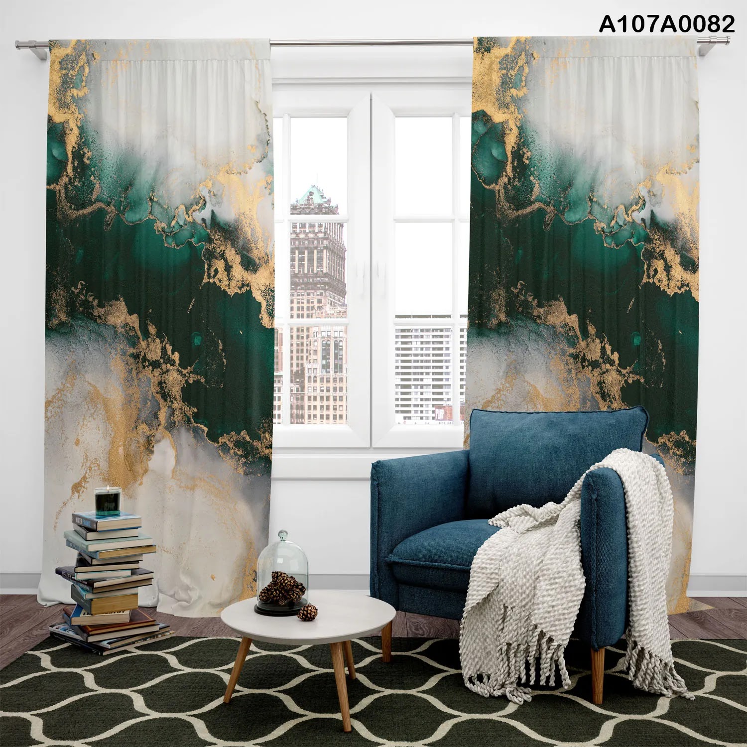 Curtains with color combination of dark green, white and gold