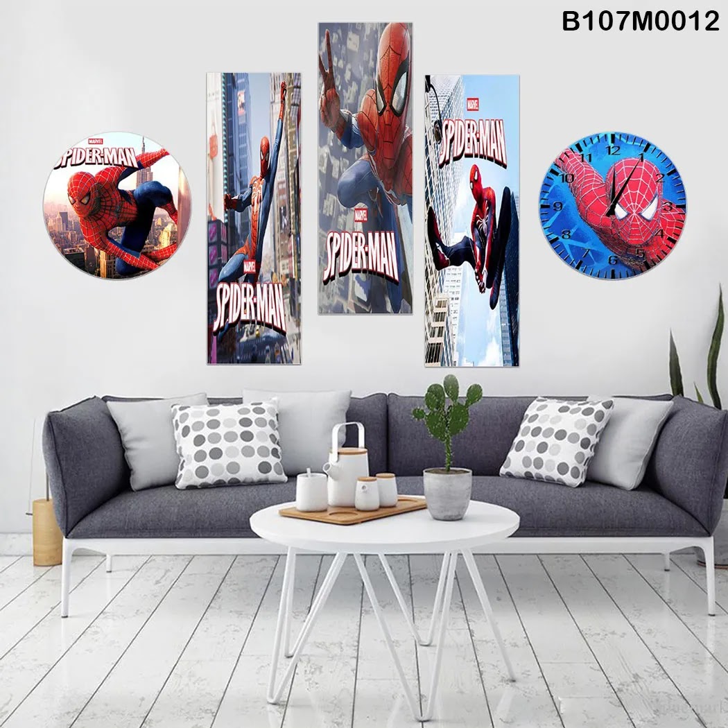 Triptych, clock and a circle for boys rooms with spiderman drawings