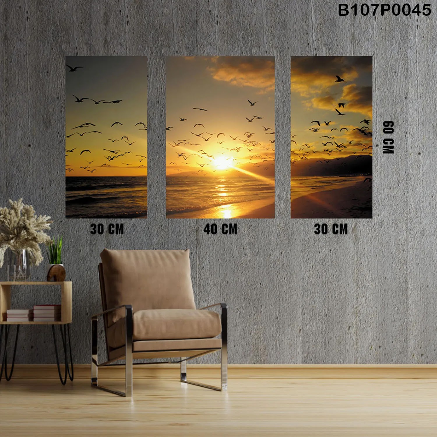 Triptych panel with sea at sunset and birds view