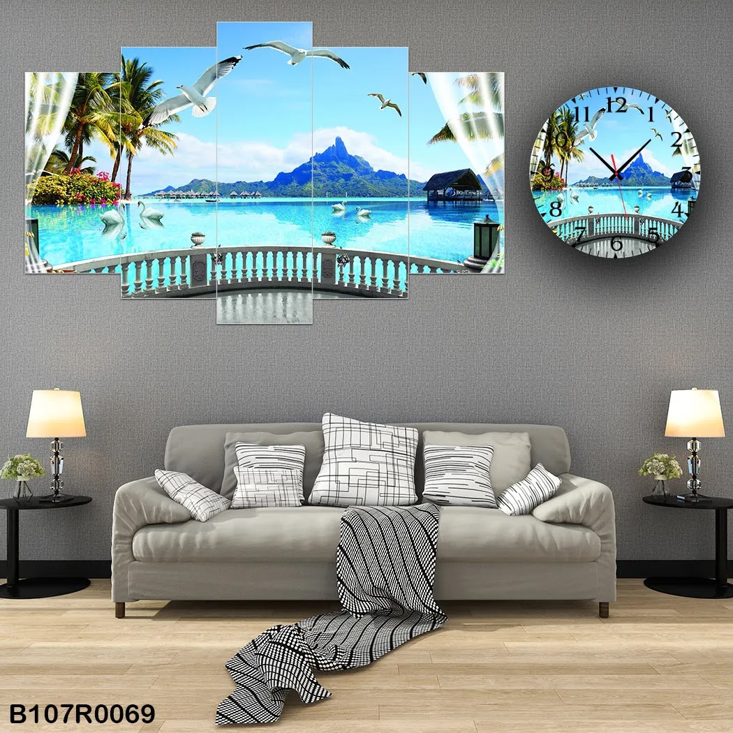 A clock and Picture with candles and stonesA clock and Large wall panel of the sea and seagull