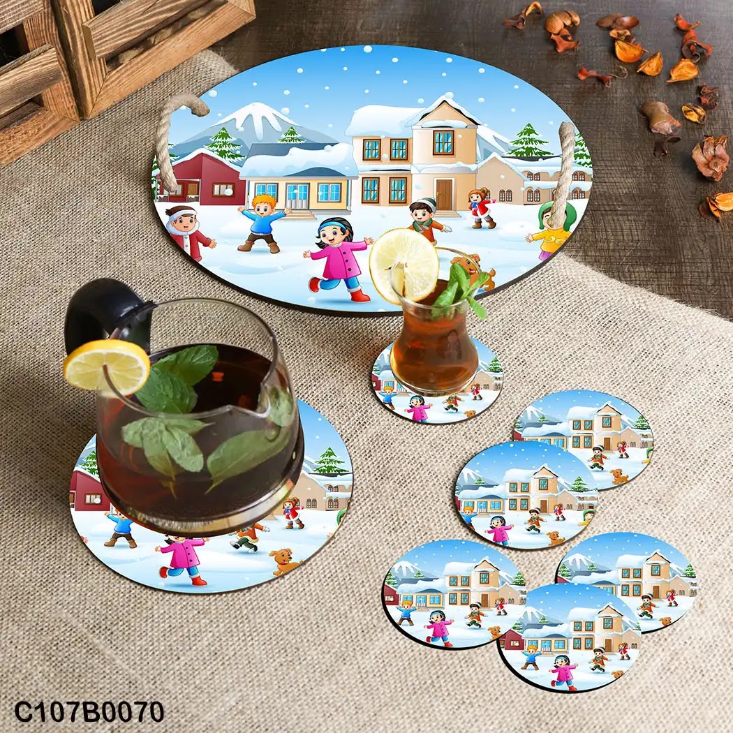 Circular tray set with a school picture