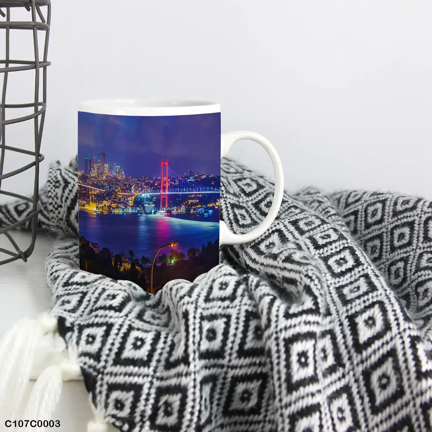 A mug (cup) printed with an image of Bosphorus Bridge at night