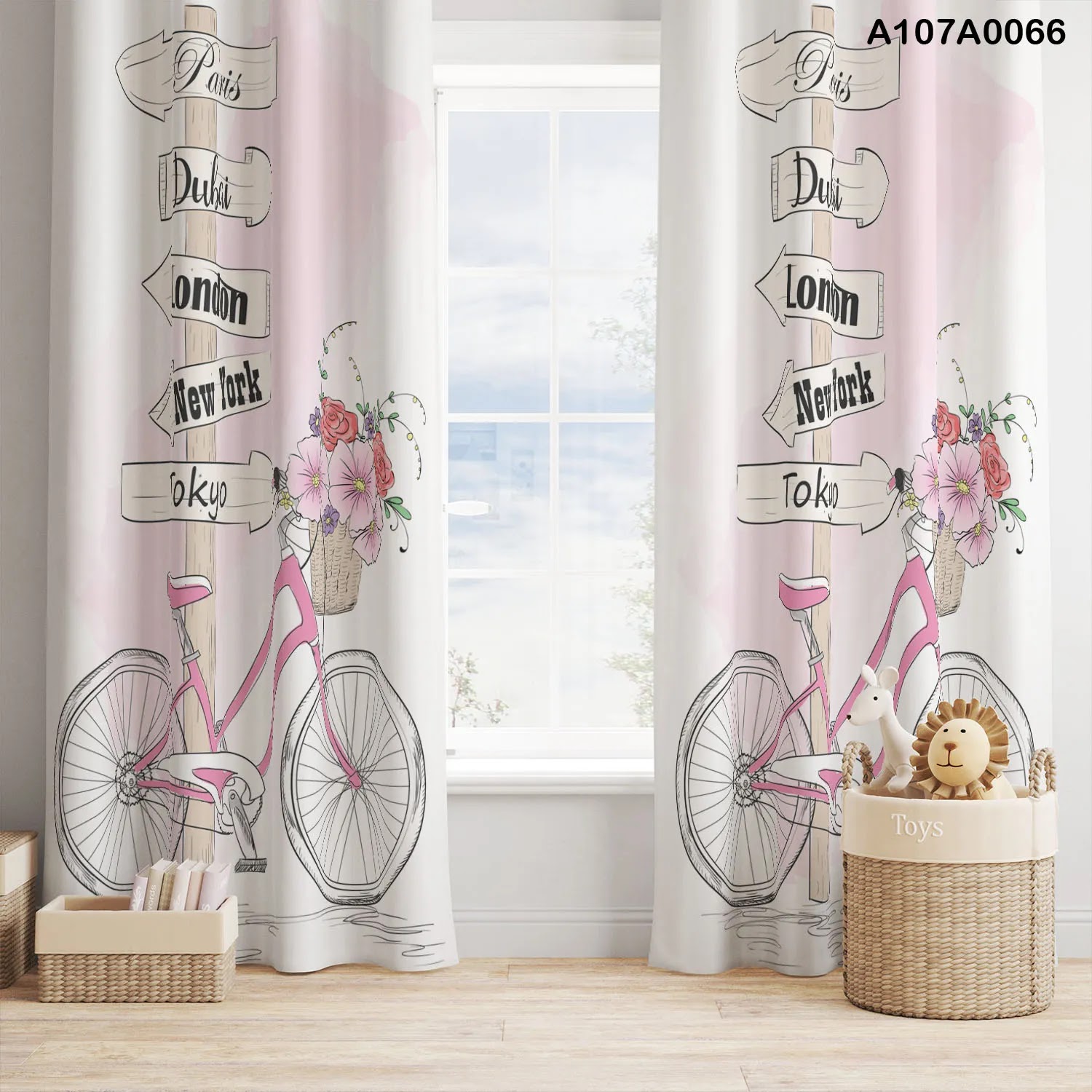 Curtains in pink with bicycle for children room