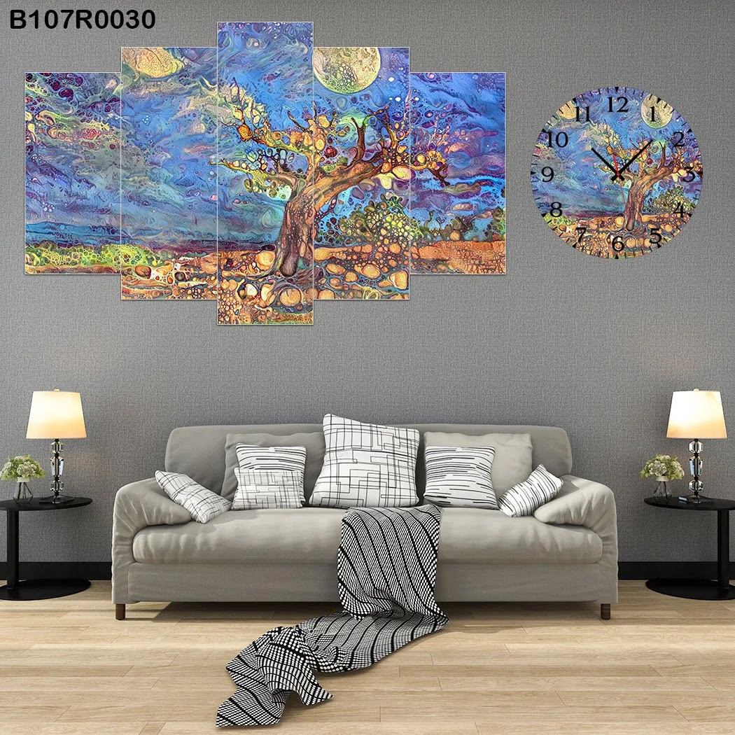 A clock and Large picture with big tree