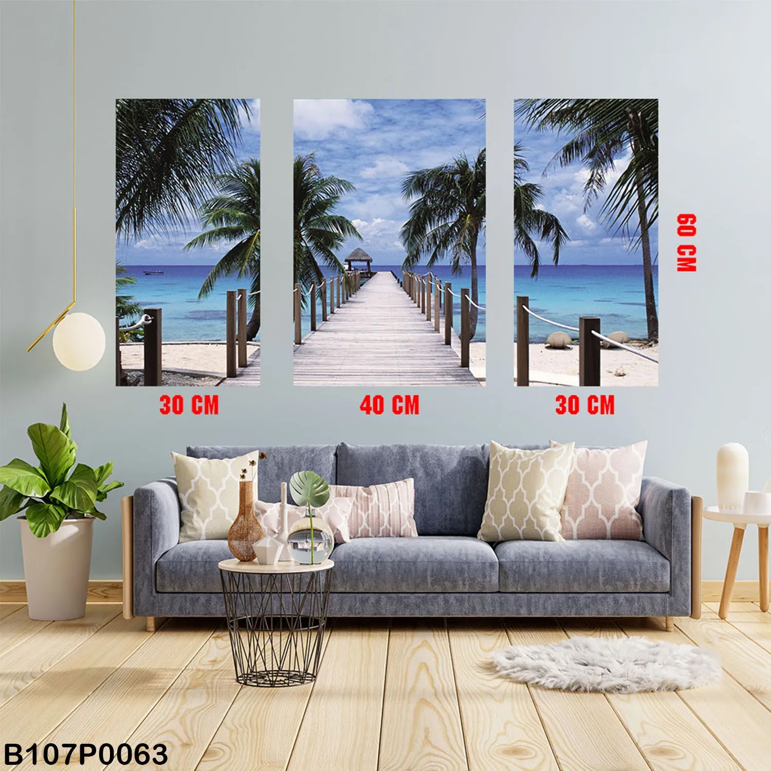 Triptych panel with Palm trees and sea view