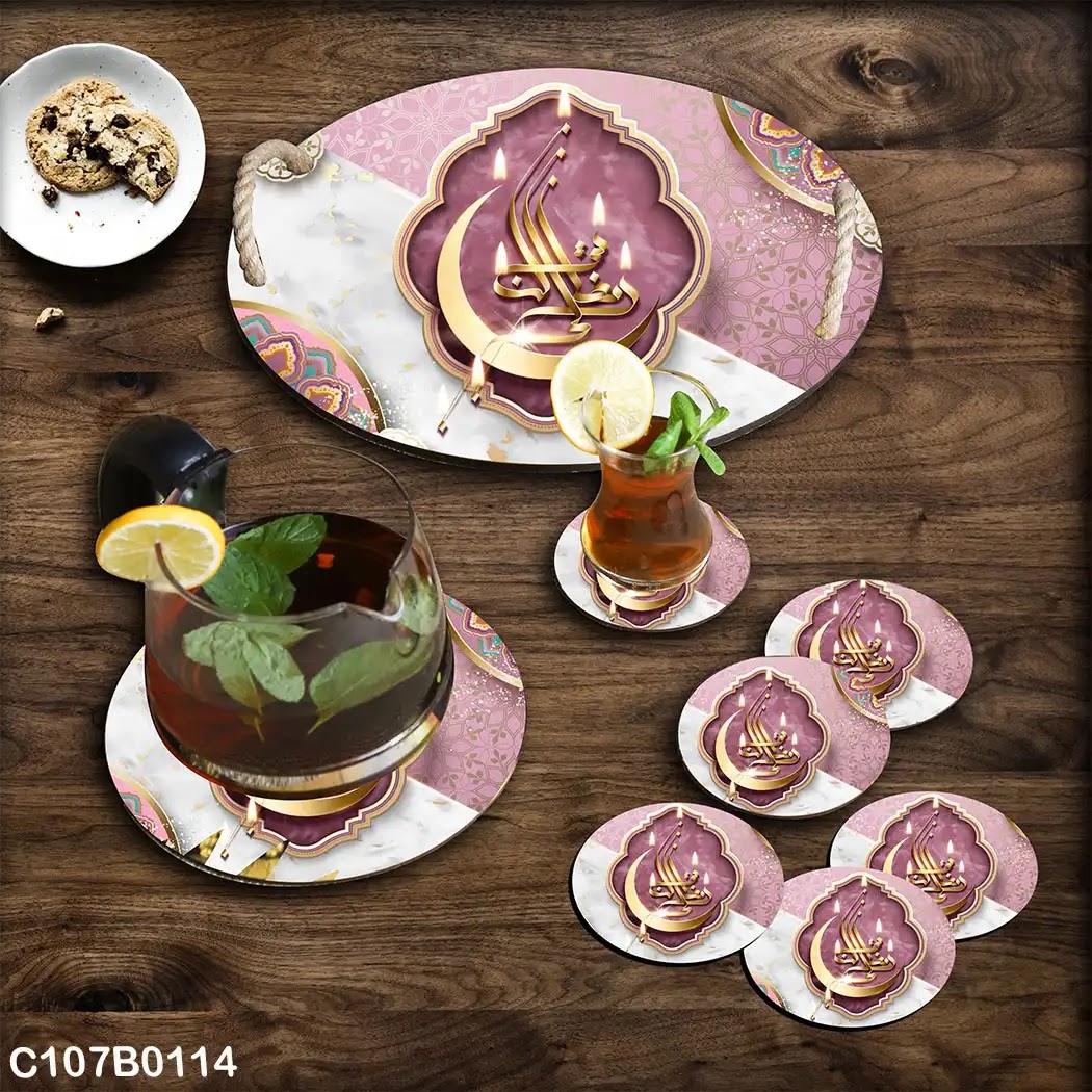 Pink and white Ramadan circular tray set with crescent