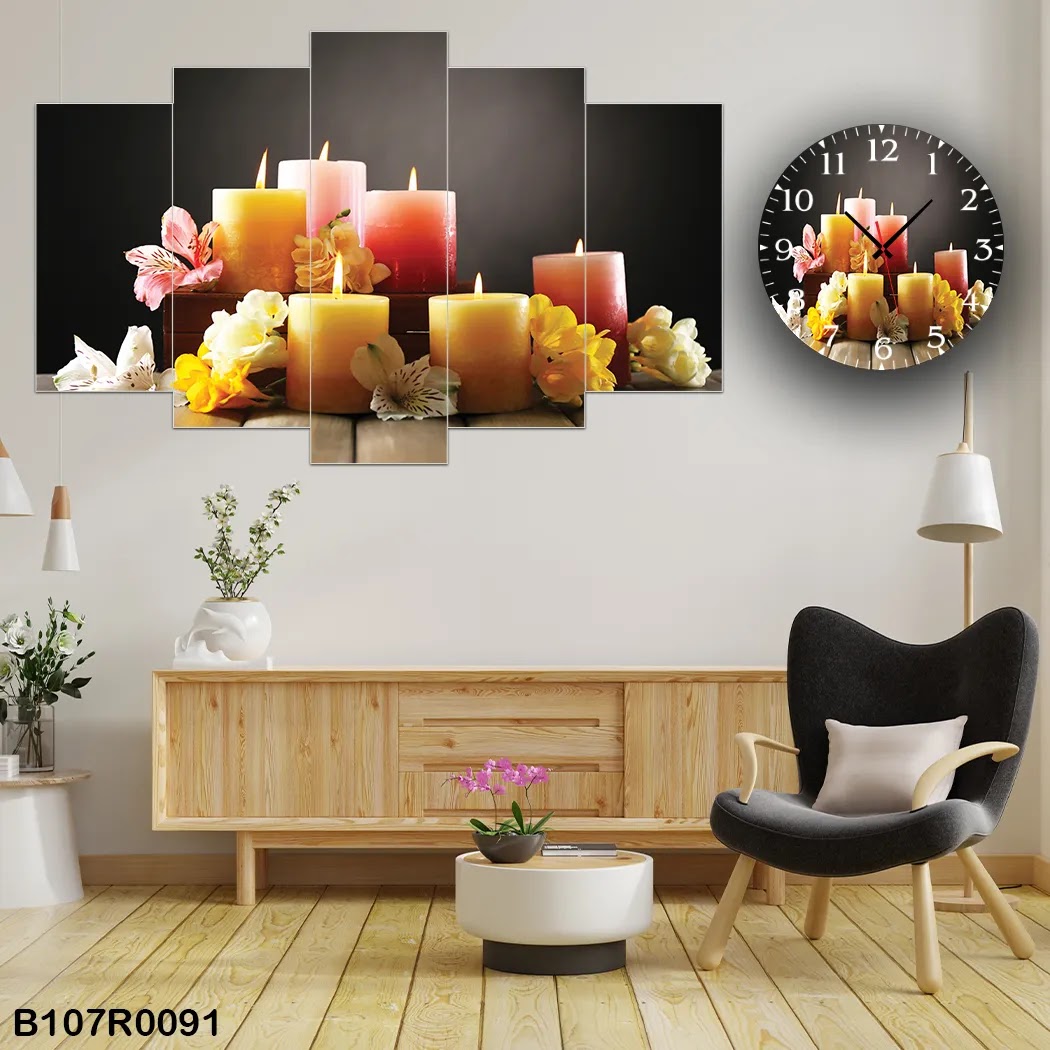 A clock and wall panel of candles and flowers