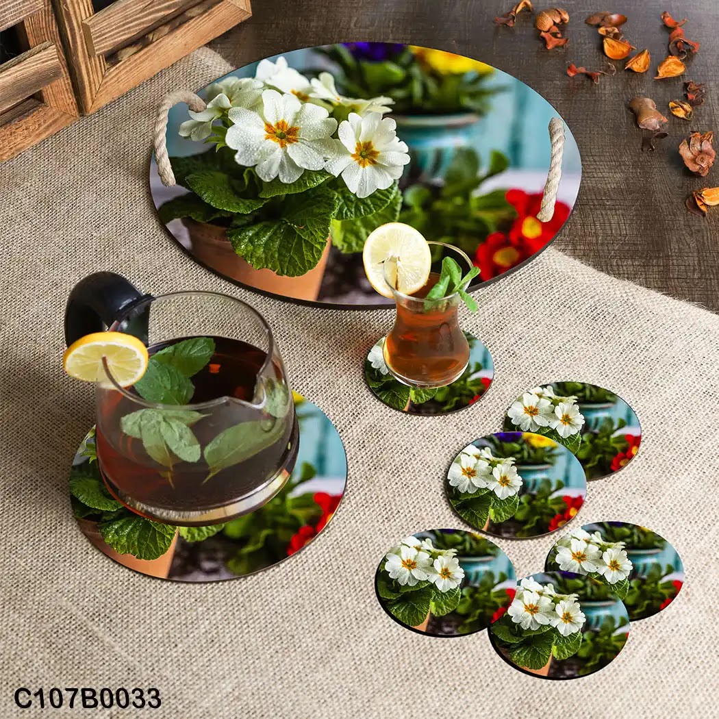 Circular tray set with white roses pot
