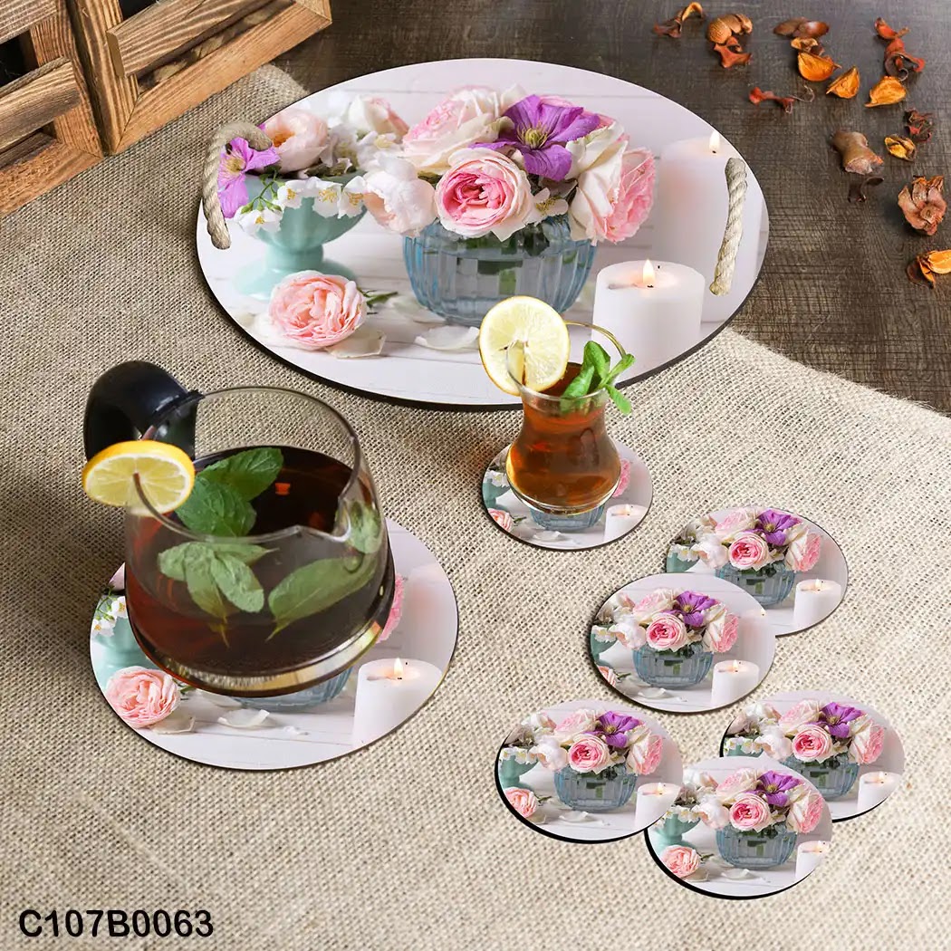 Circular tray set with vase and white roses