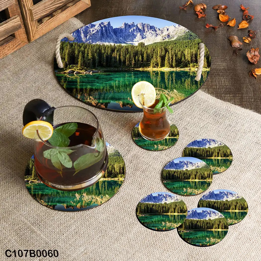 Lake, forest and mountain view circular tray set