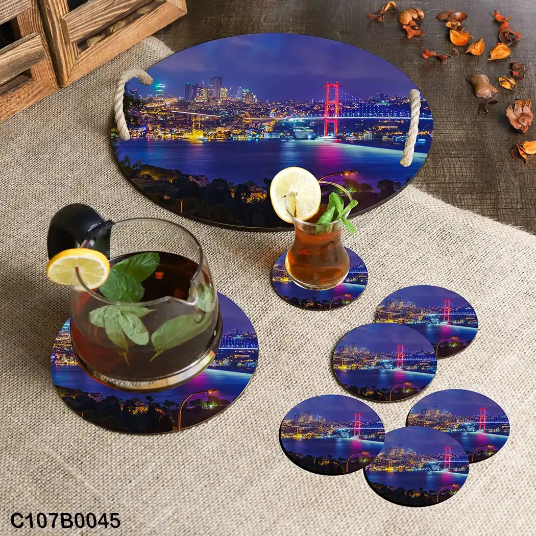 Circular tray set with Bosphorus Bridge at night