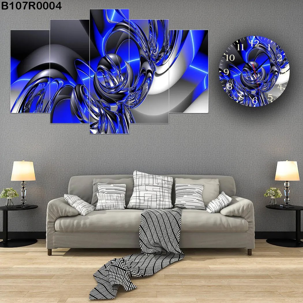 A clock and Blue, silver and black colors combination large wall panel