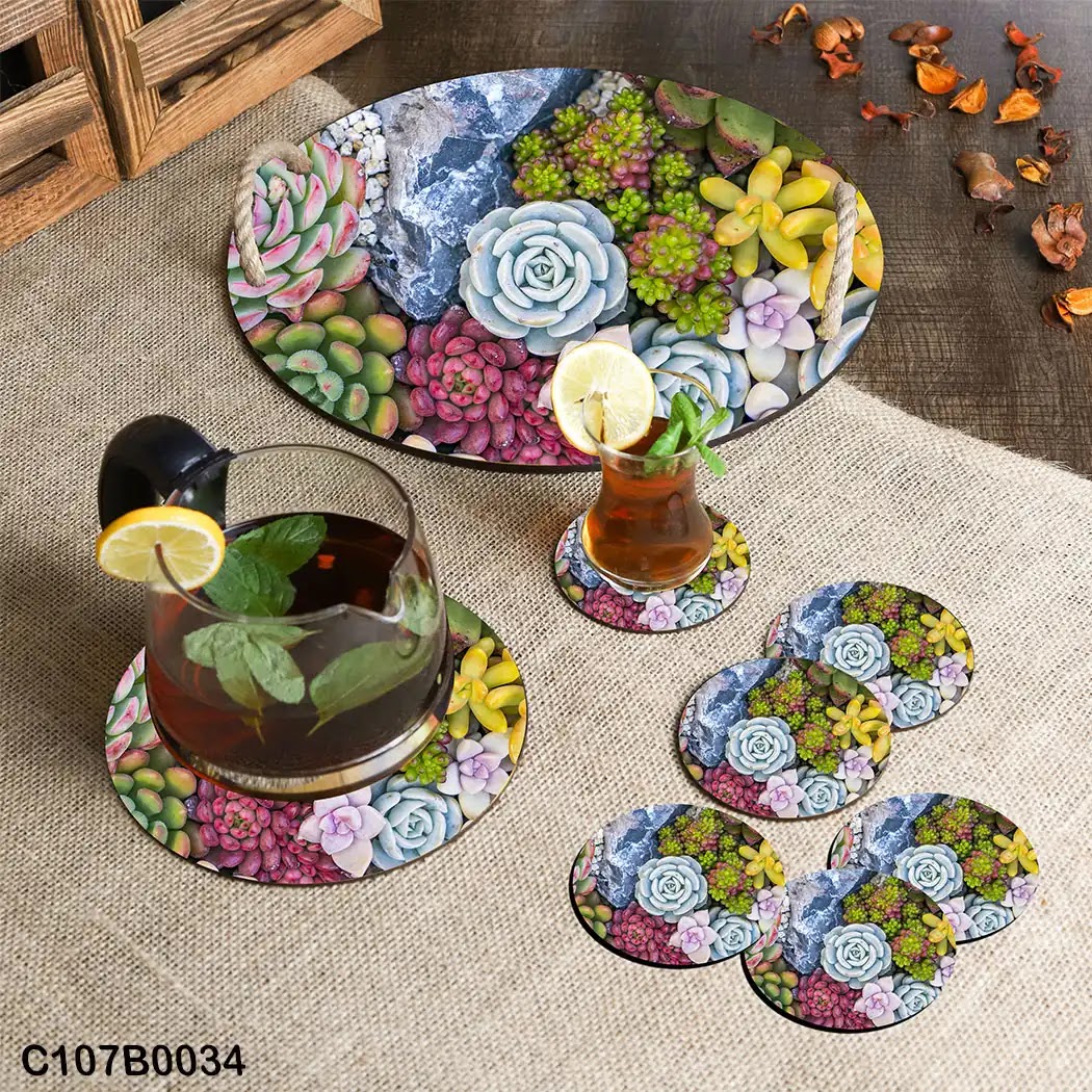 Circular tray set with colorful cactuses
