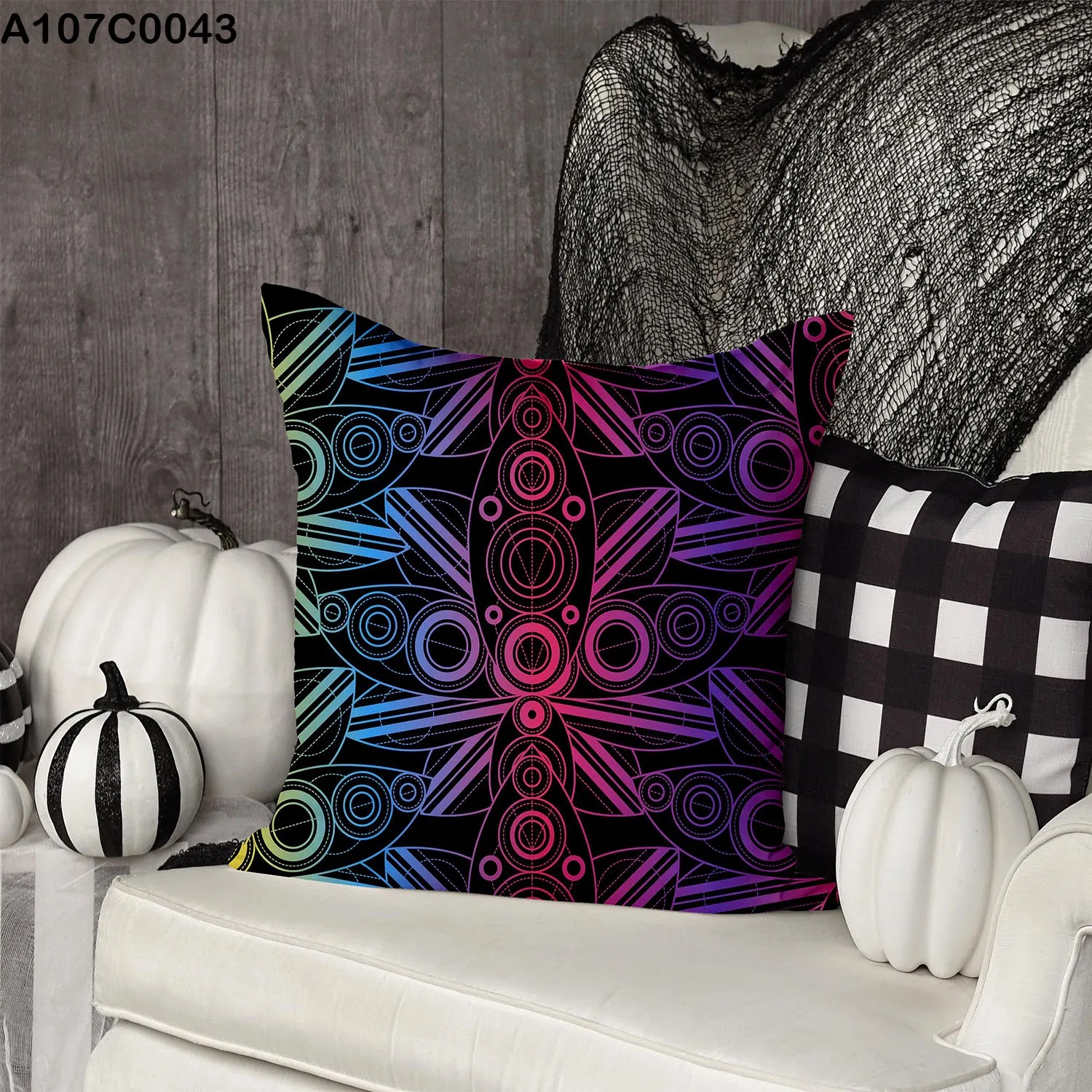 Black pillow case with colored drawing shapes