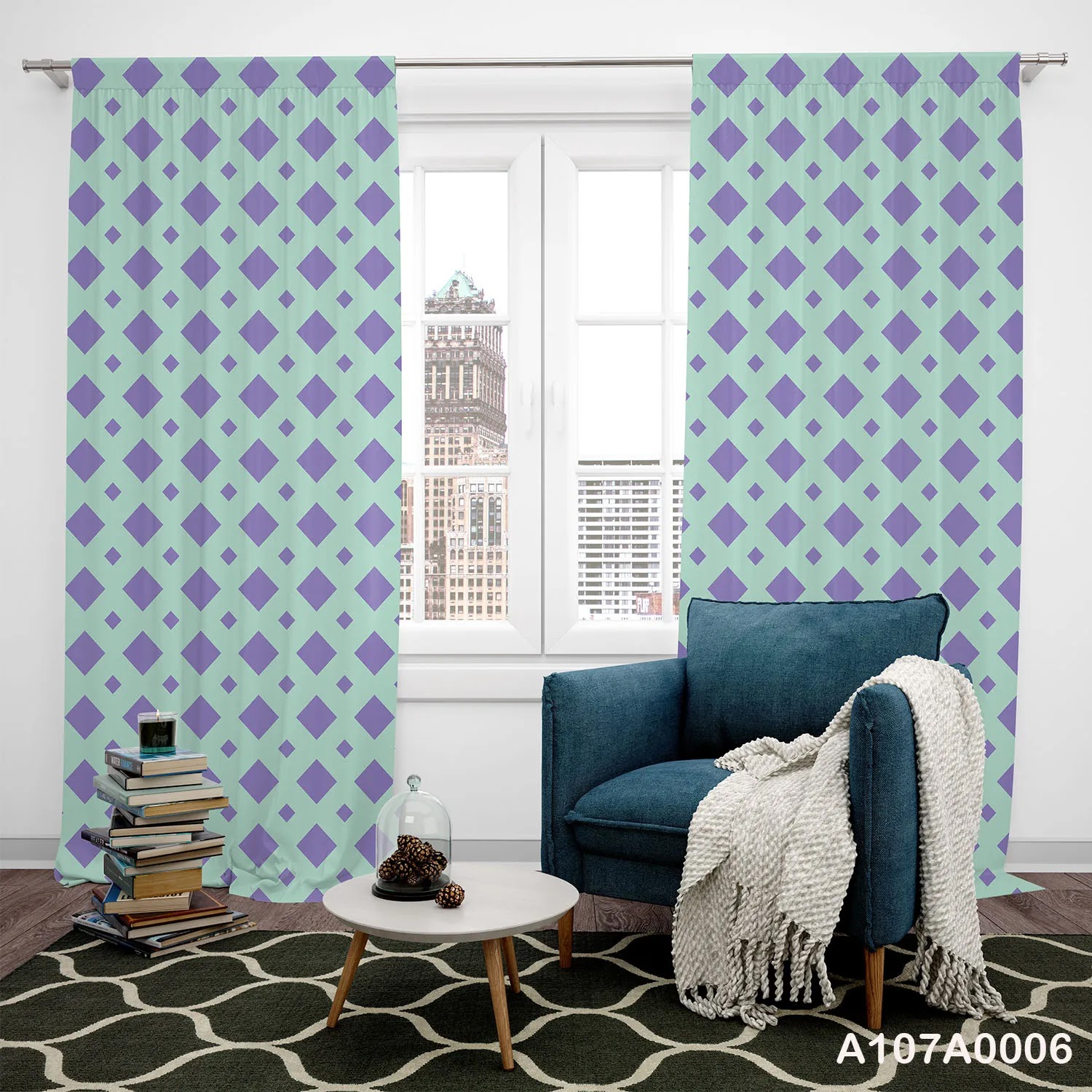 Curtains with purple, and green color for living and children rooms