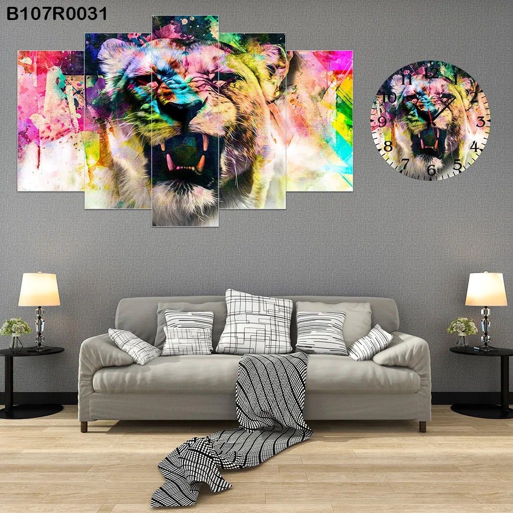 A clock and Colorful wall panel with lion drawing