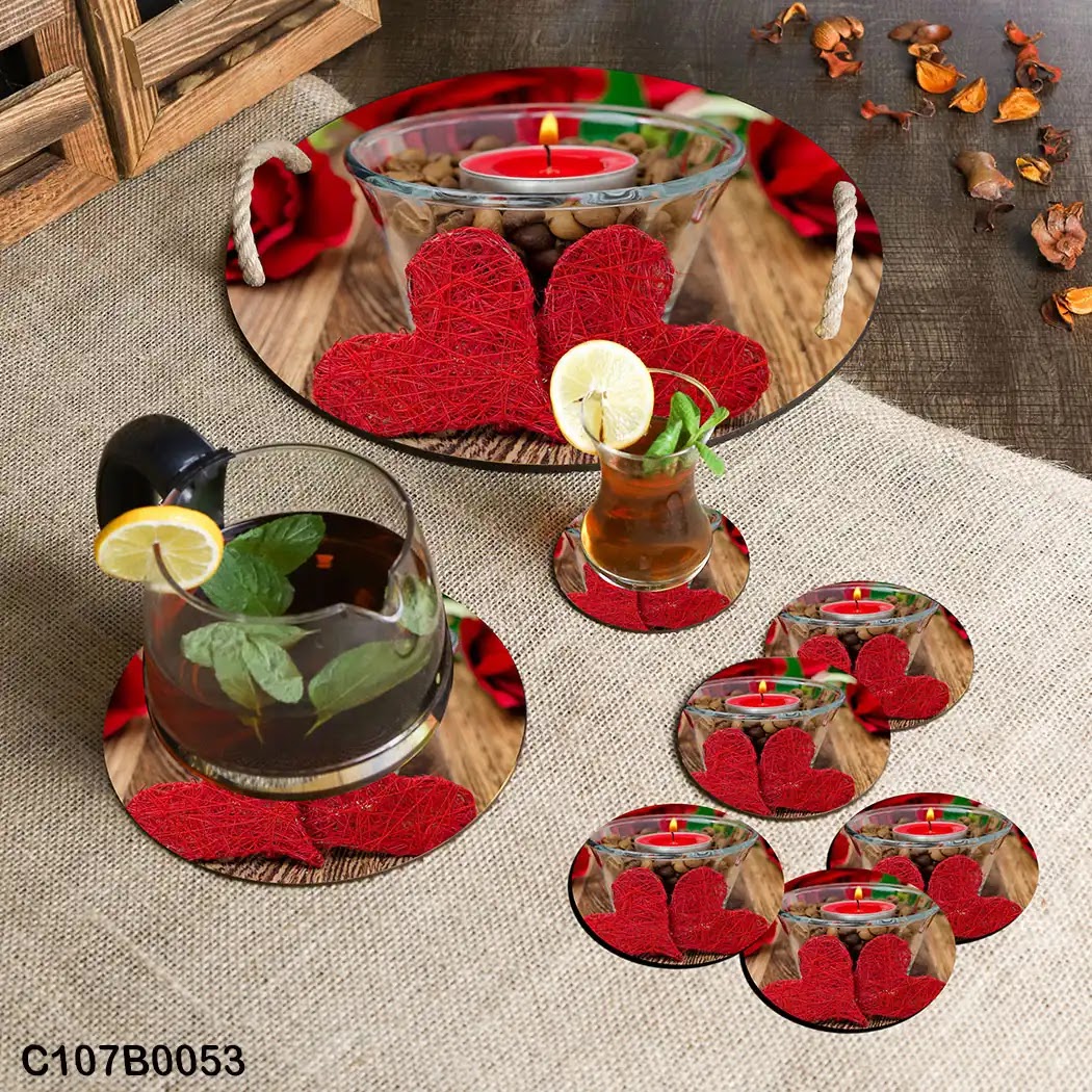 Circular tray set with red candle and hearts