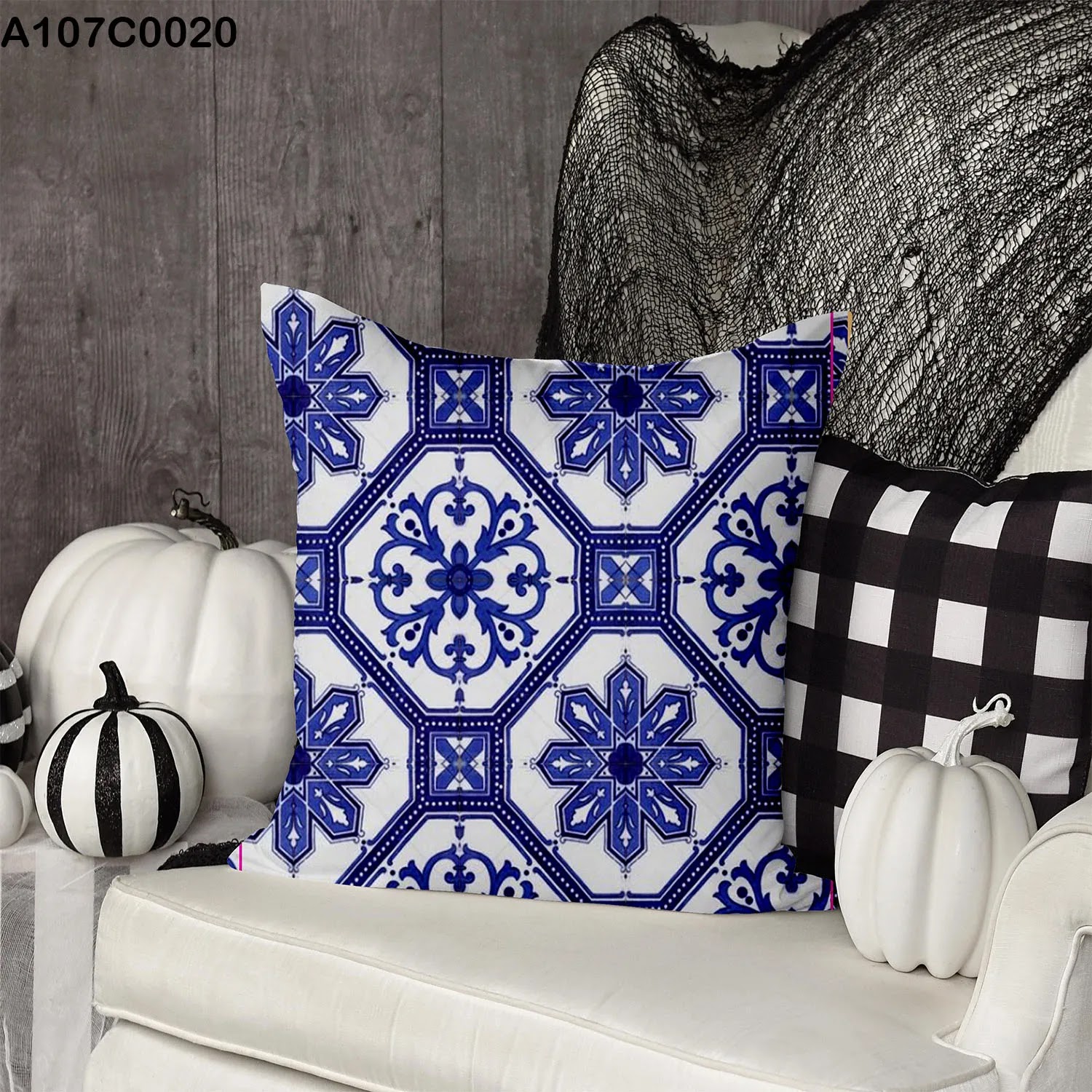 White pillow case with blue Engravings
