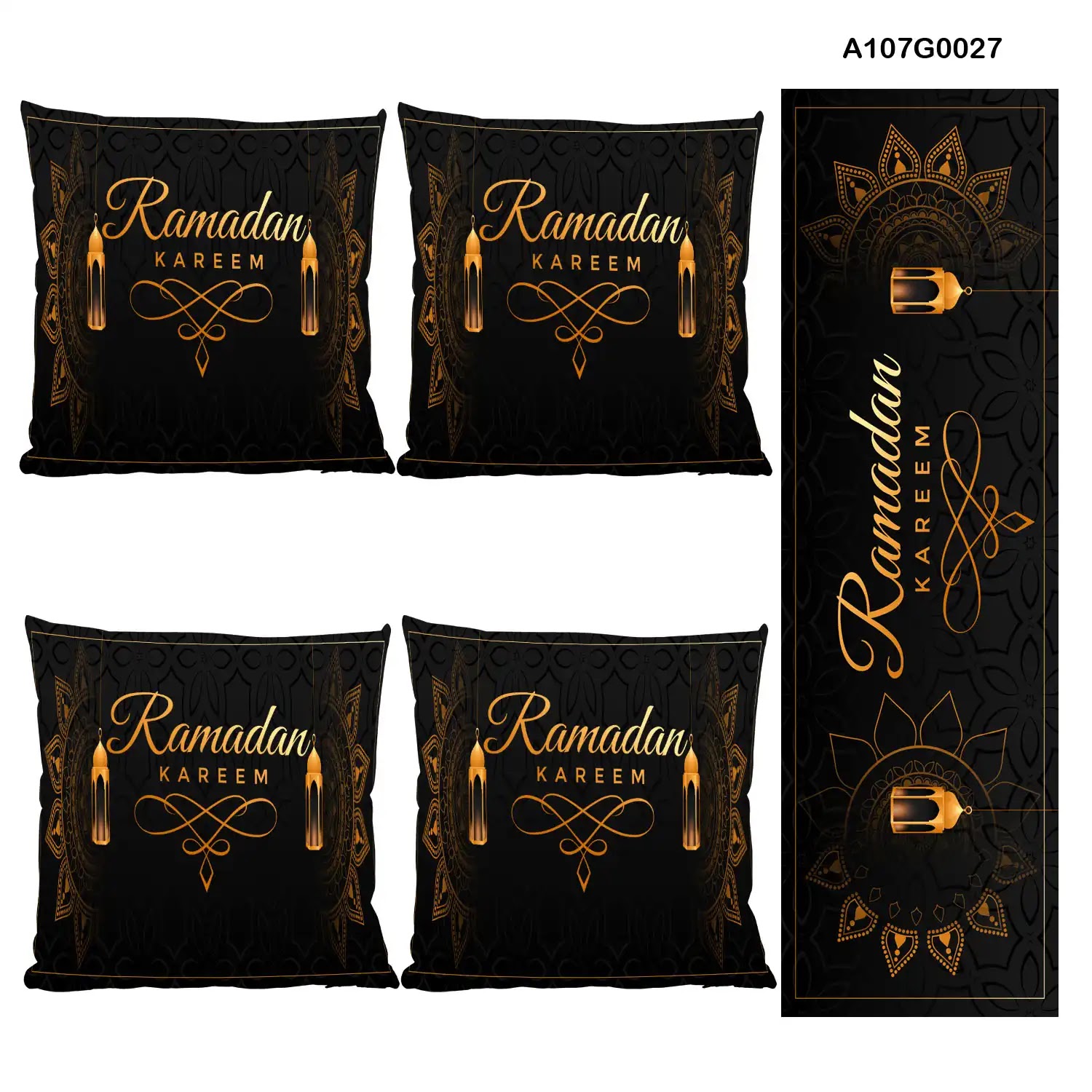 Black and gold Pillow cover set & table runner with Ramadan lantern drawing