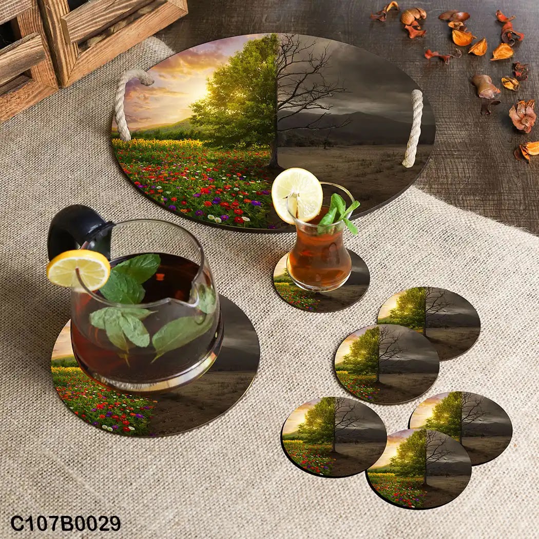 Circular tray set with a tree in Autumn and spring