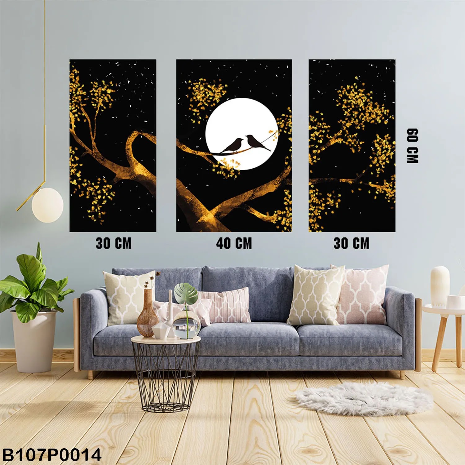 Black Triptych panel with Moon - birds - tree branches