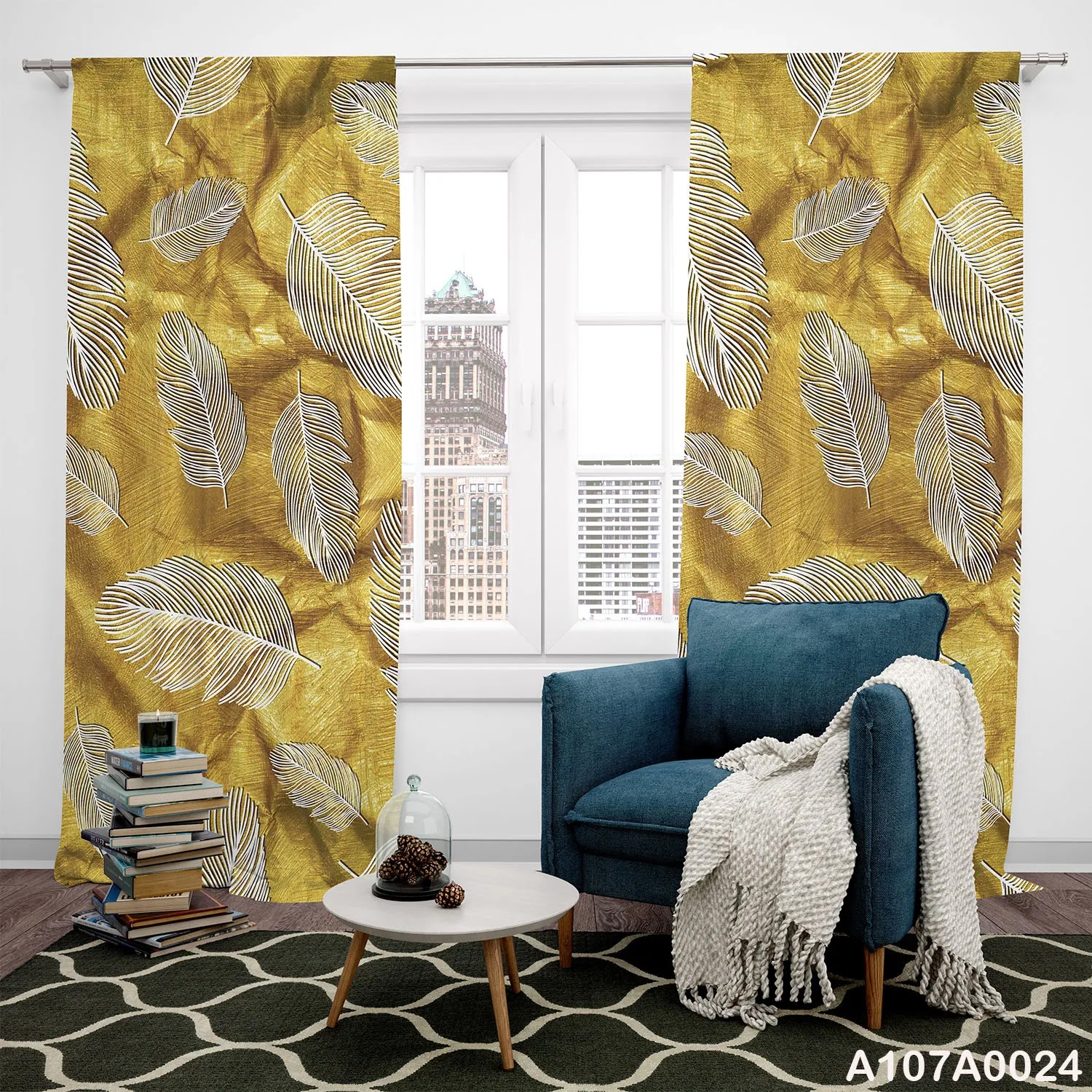 Curtains in gold with feather form for offices and rooms