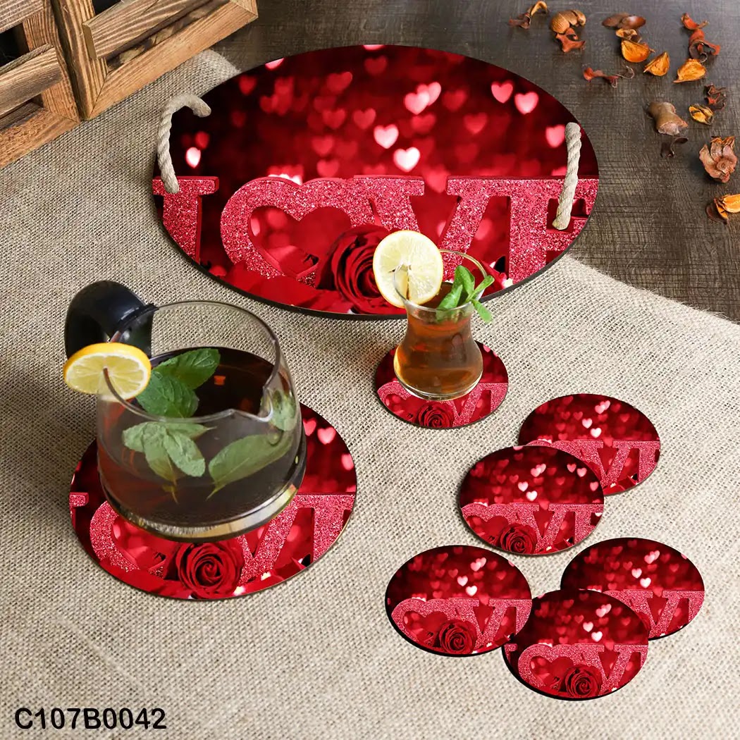 Red background circular tray set with "LOVE"