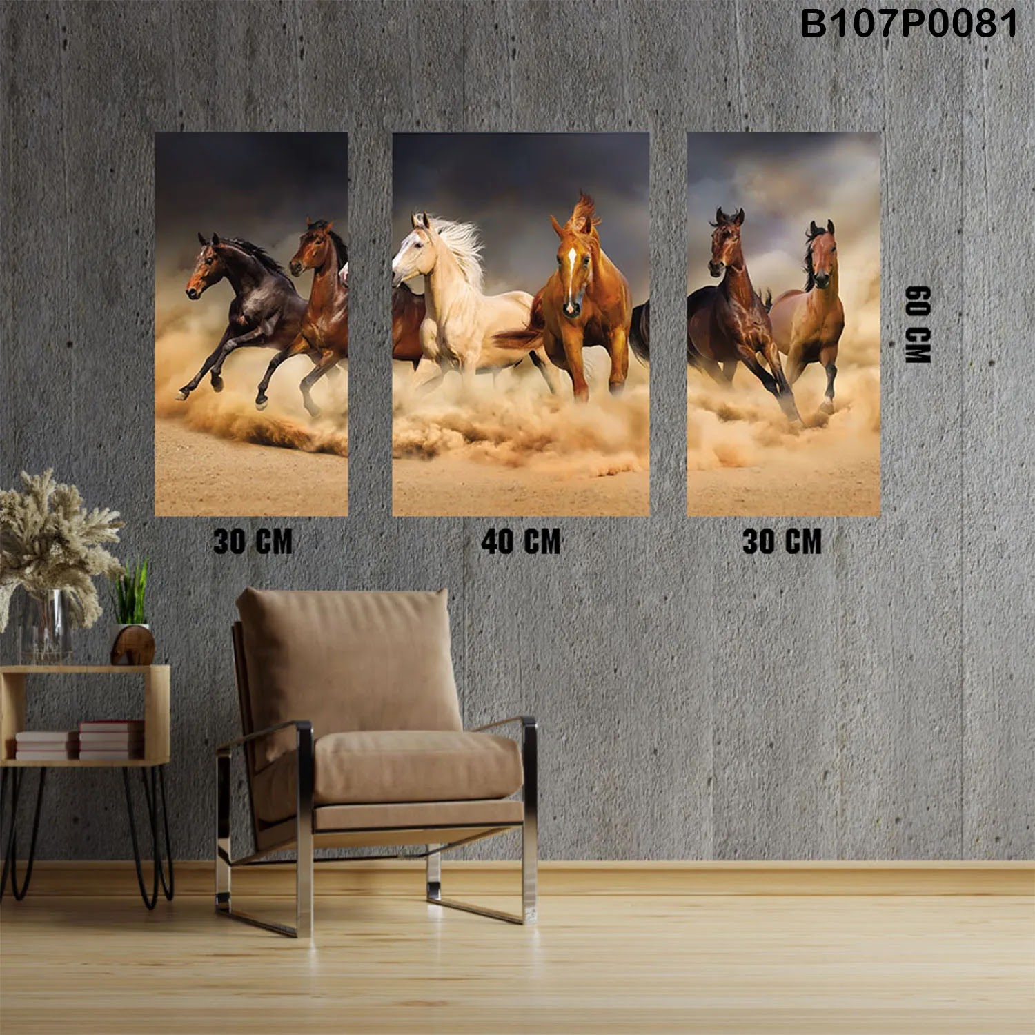 Triptych panel with horses in the desert at night