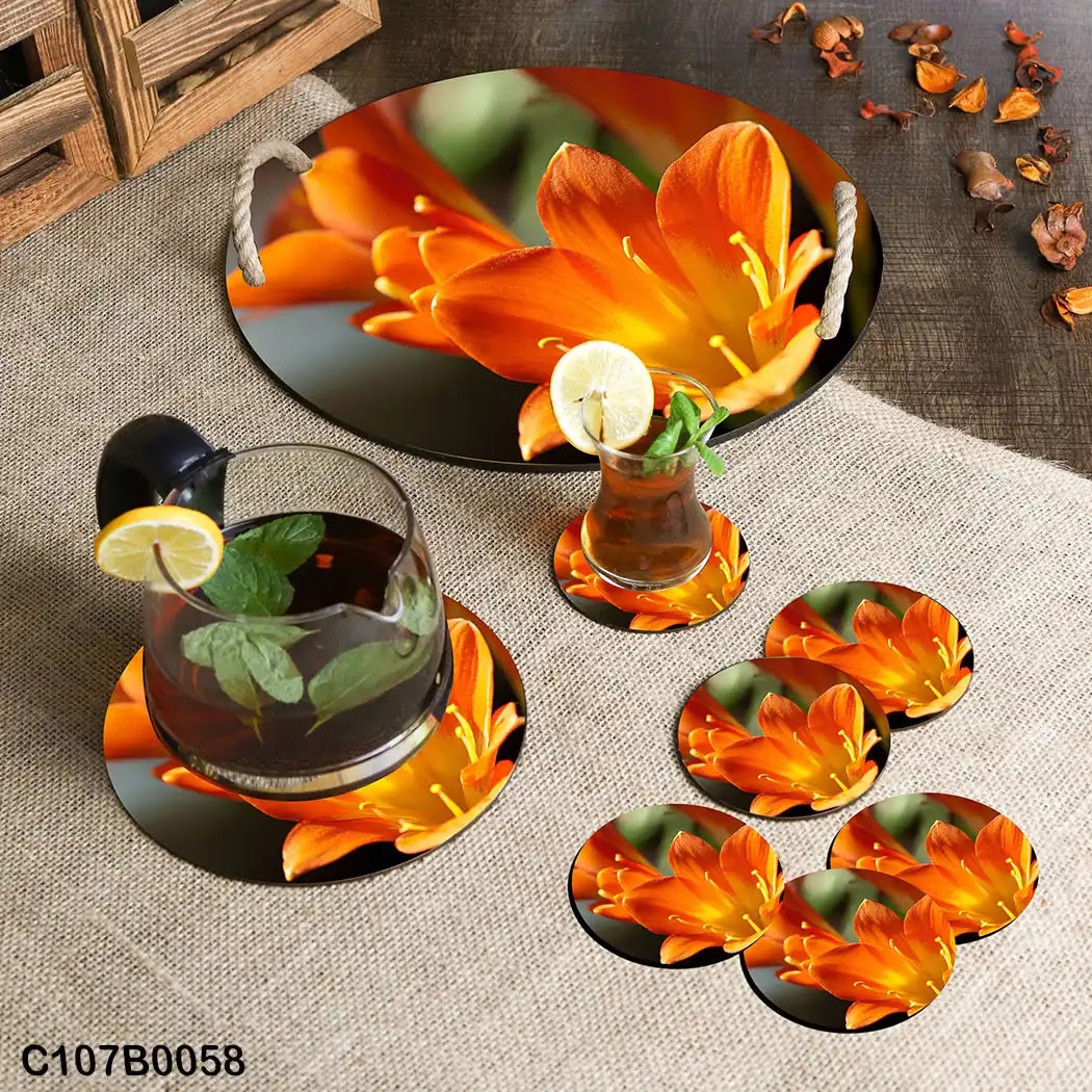 Circular tray set with big orange lily