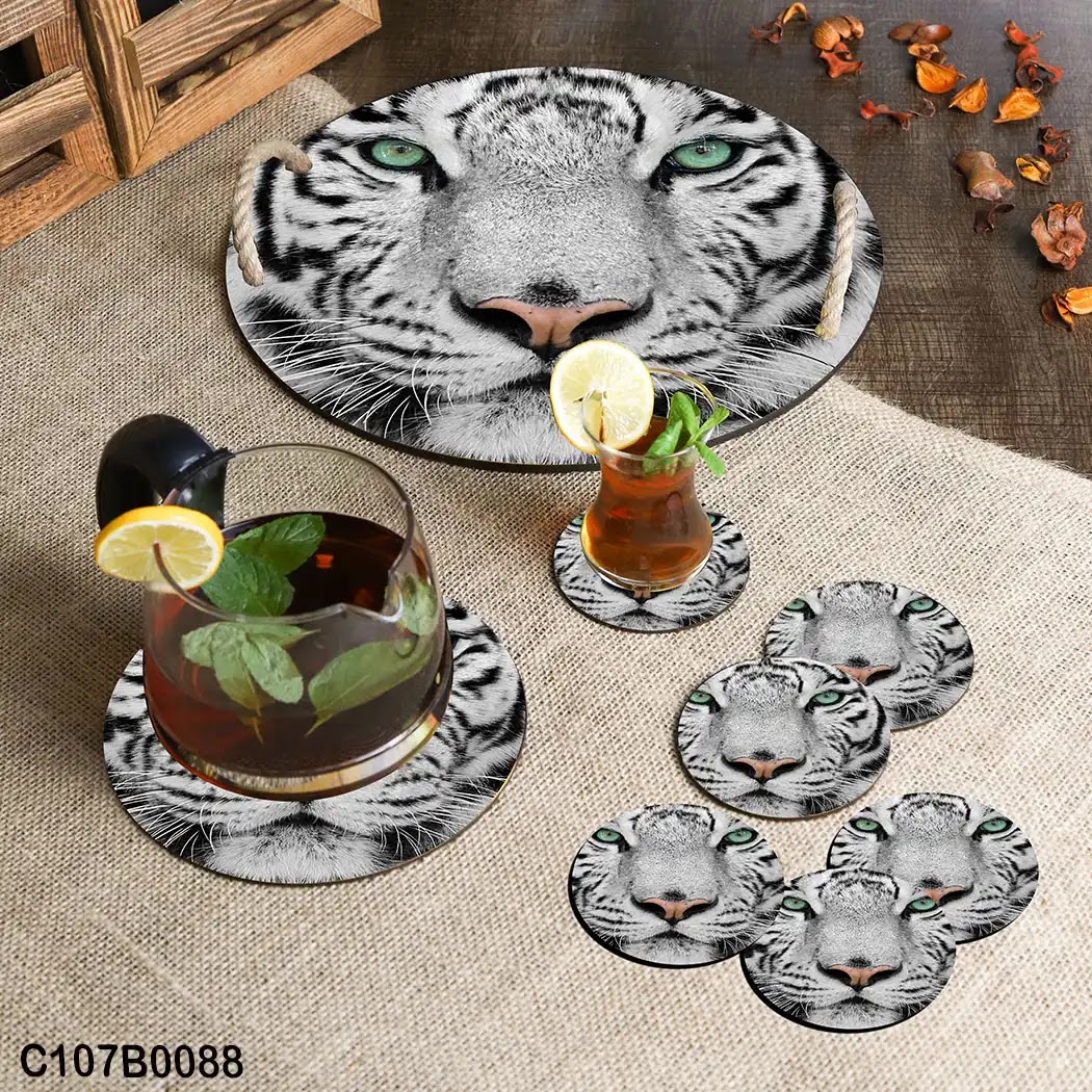 Circular tray set with a face of white tiger