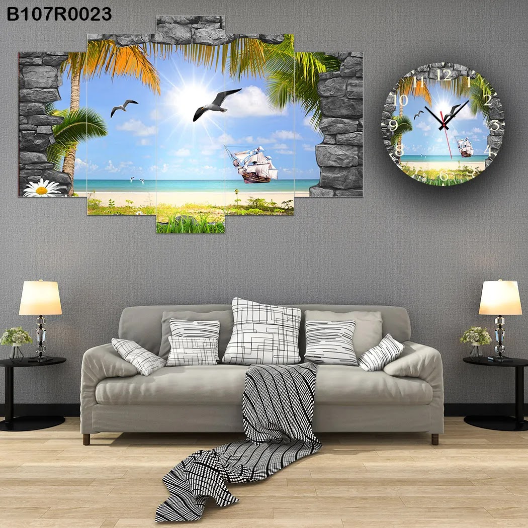 A clock and Large picture with seagull and sea view