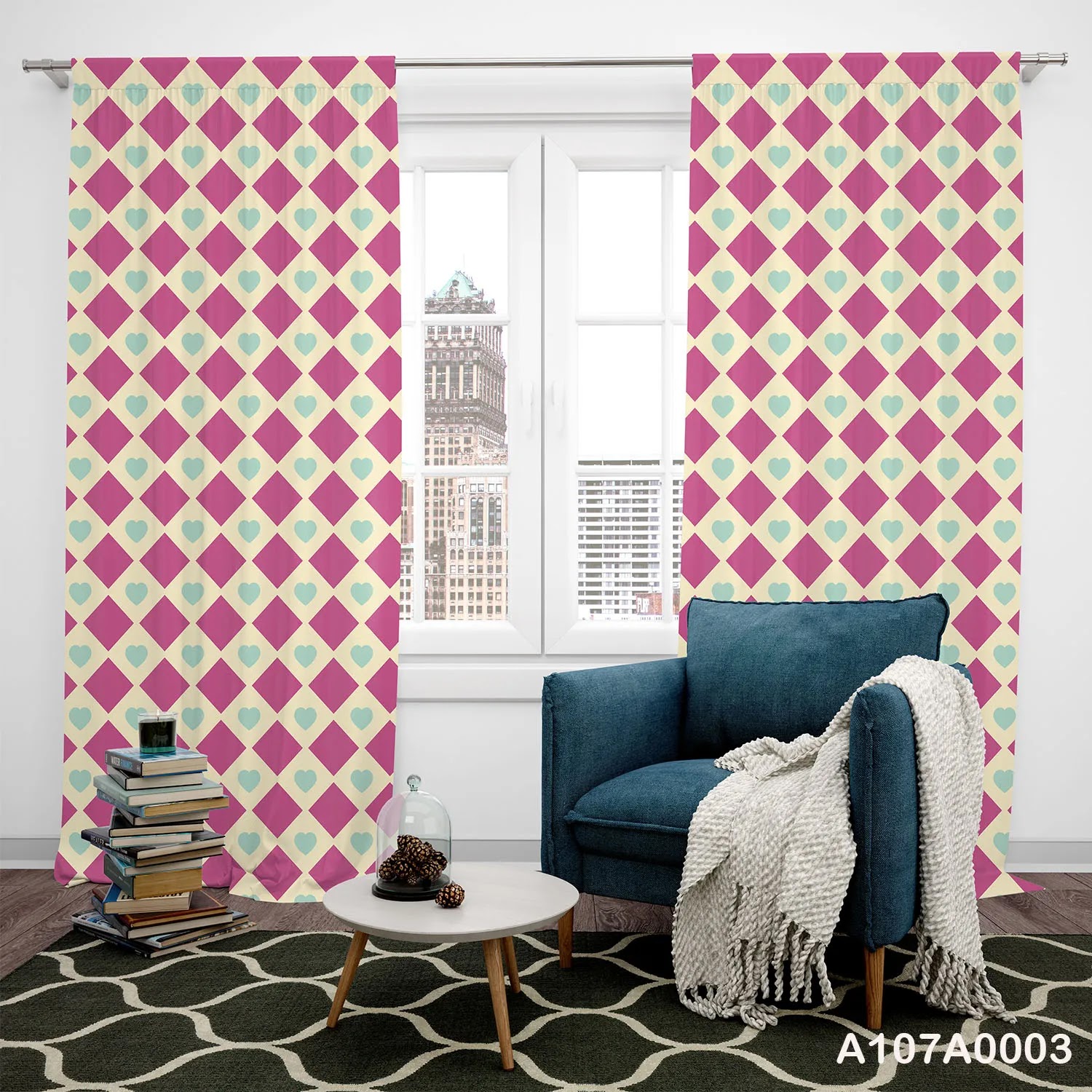 Curtains in Pink, white and green color of geometric forms