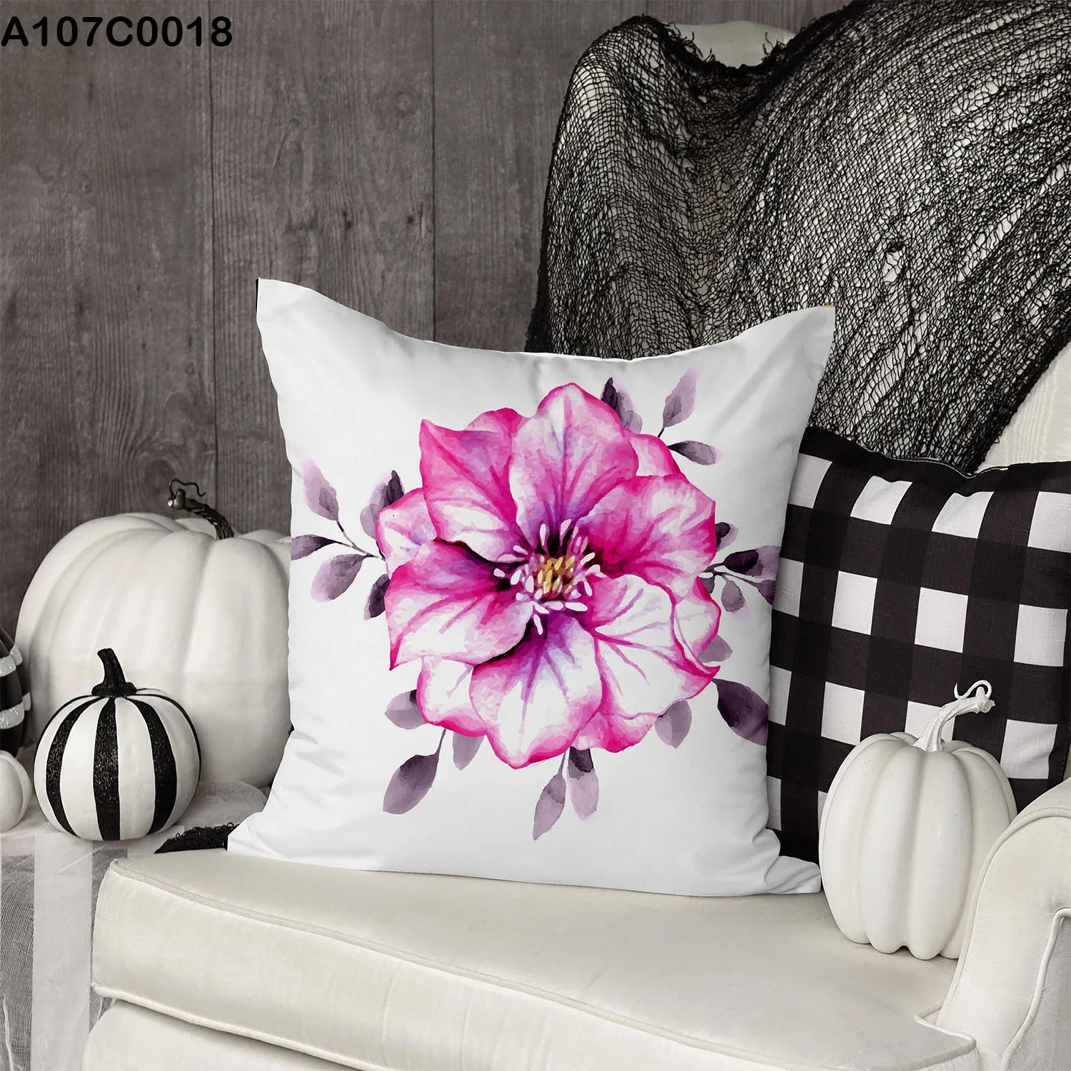 White pillow case with big pink flower