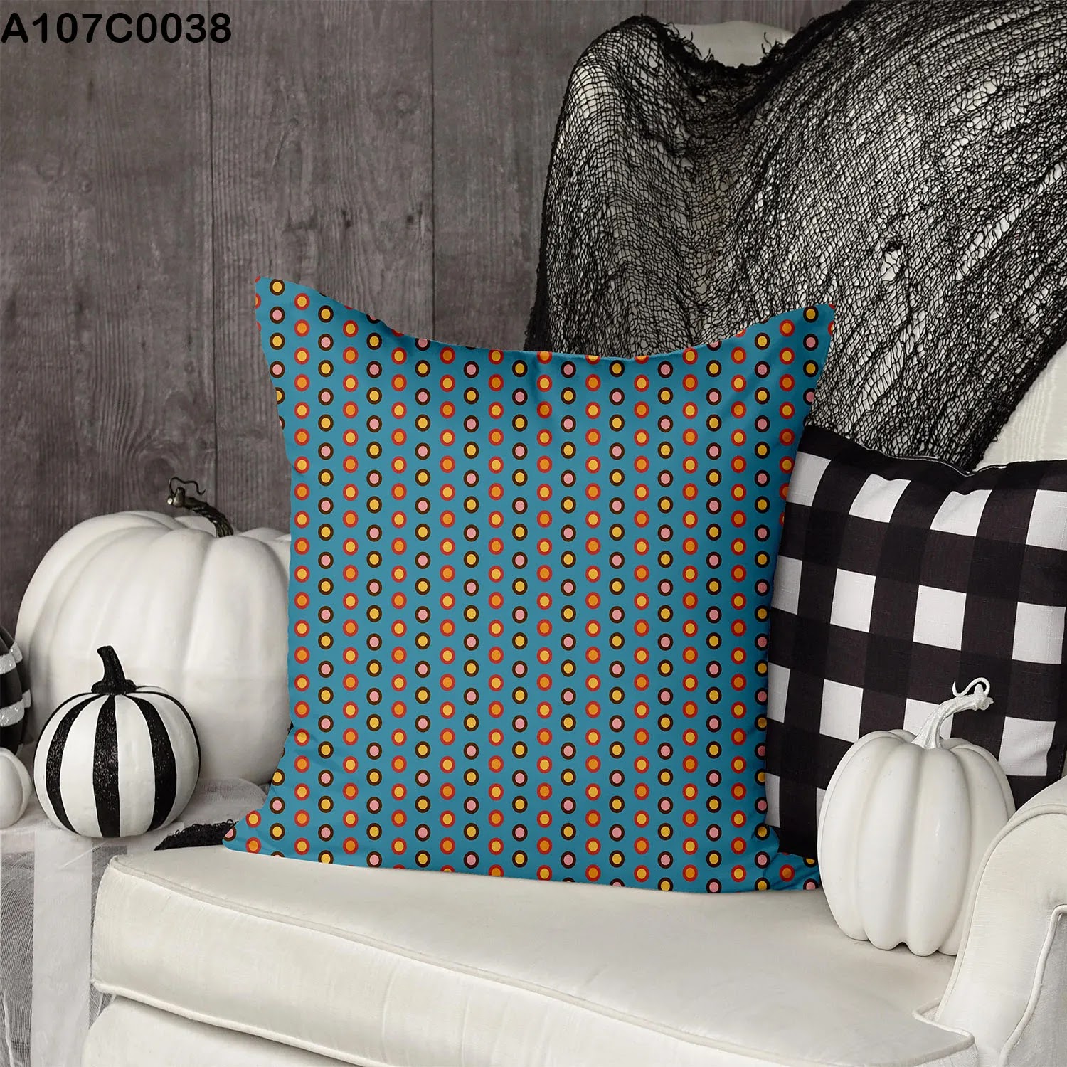 Dark blue pillow case with small yellow & orange patches