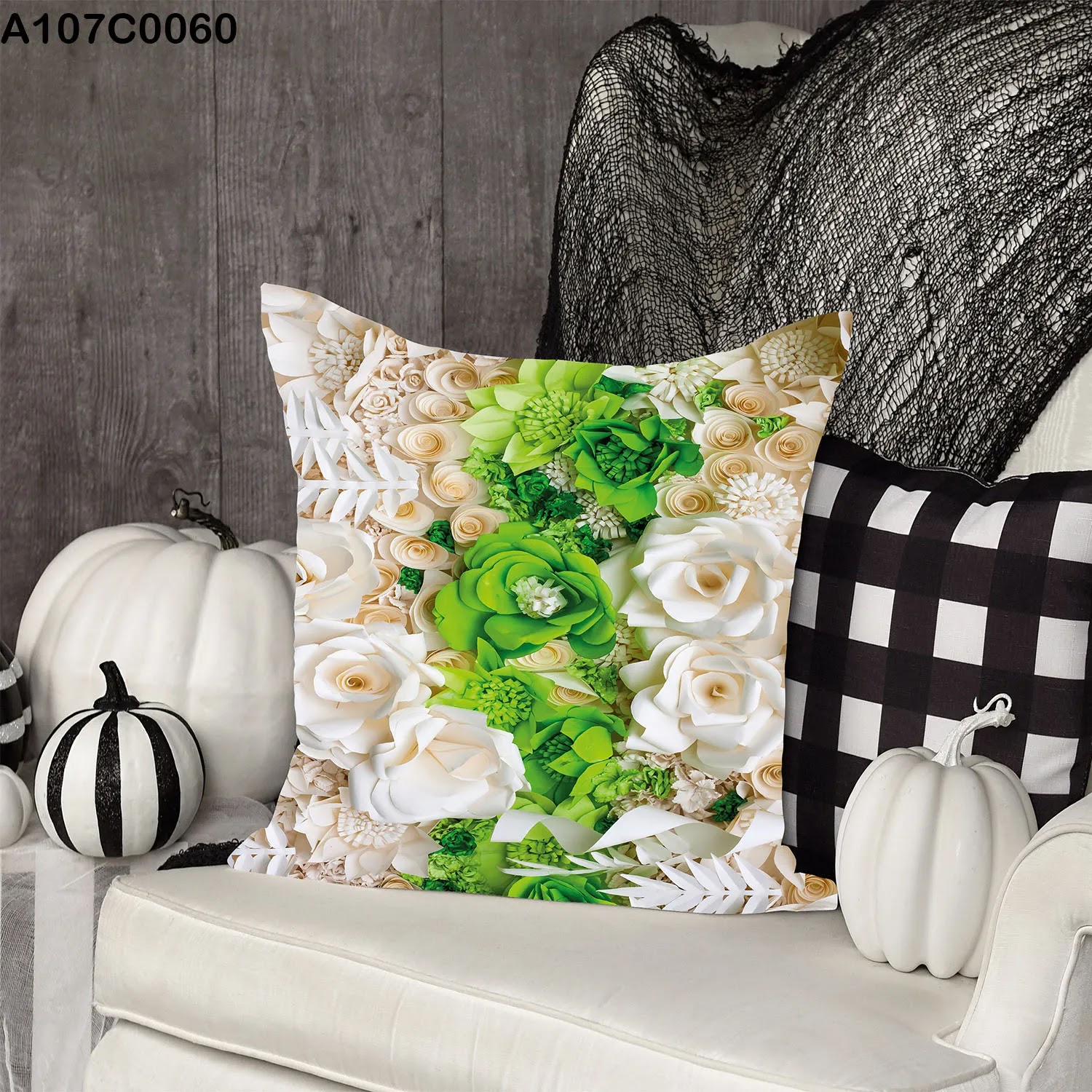 Pillow case with white and green roses