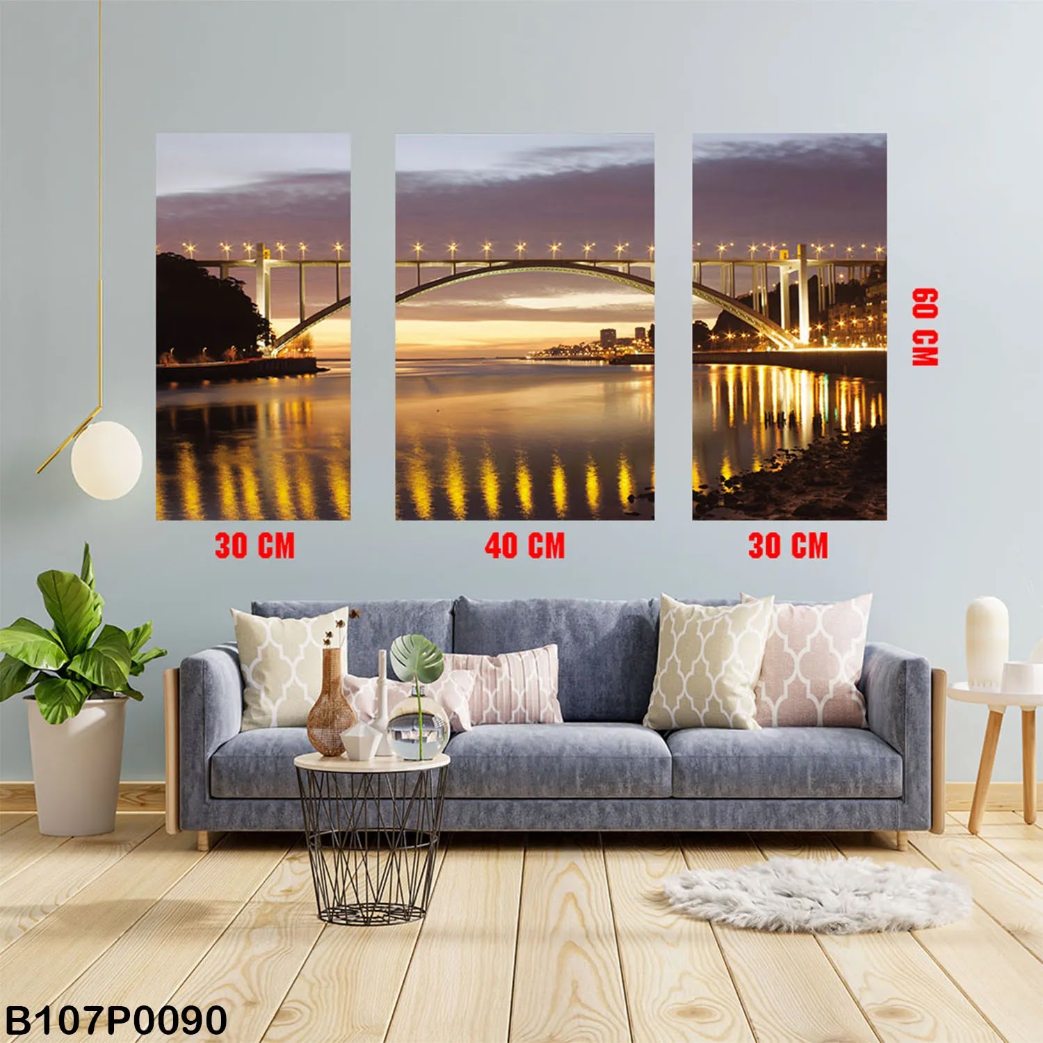 Triptych panel with Bosphorus Bridge and yellow lights at night