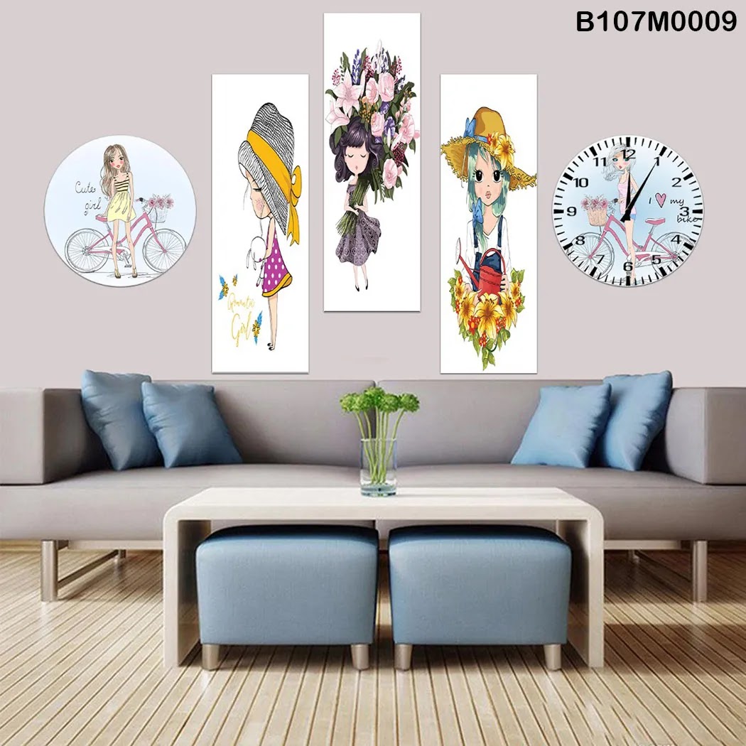 Triptych, clock and a circle for children rooms with little girls drawings