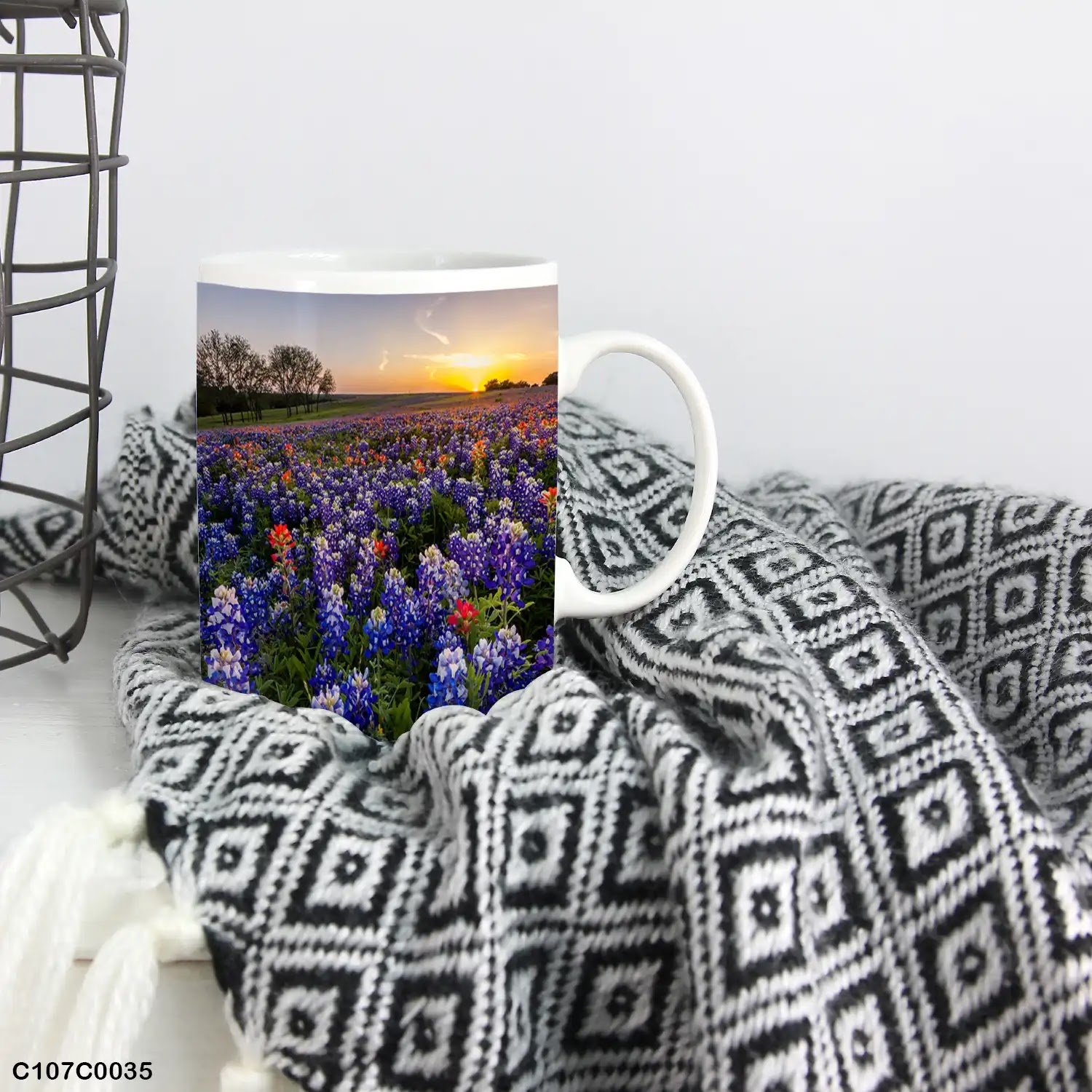 A mug (cup) printed with an image of lavender field
