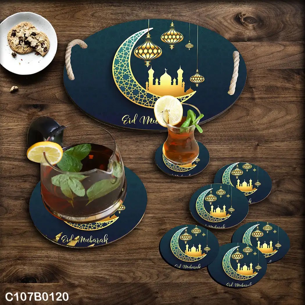 Blue Ramadan circular tray set with mosque and gold crescent