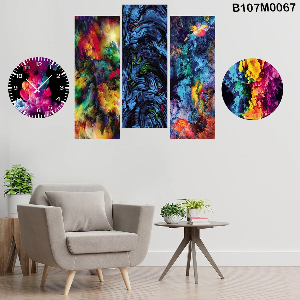 Triptych, clock and a circle with different colors combination