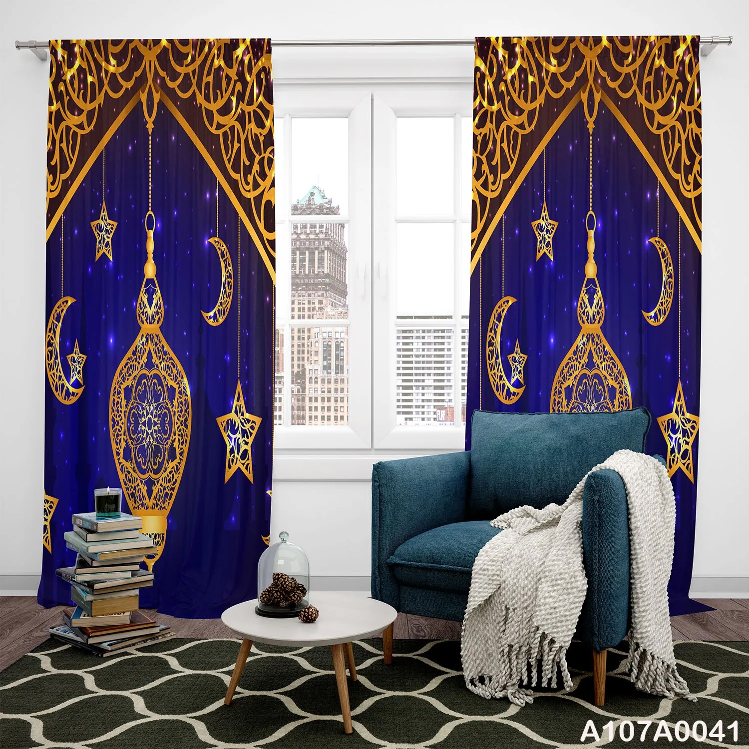 Curtains in navy and gold Ramadan lantern