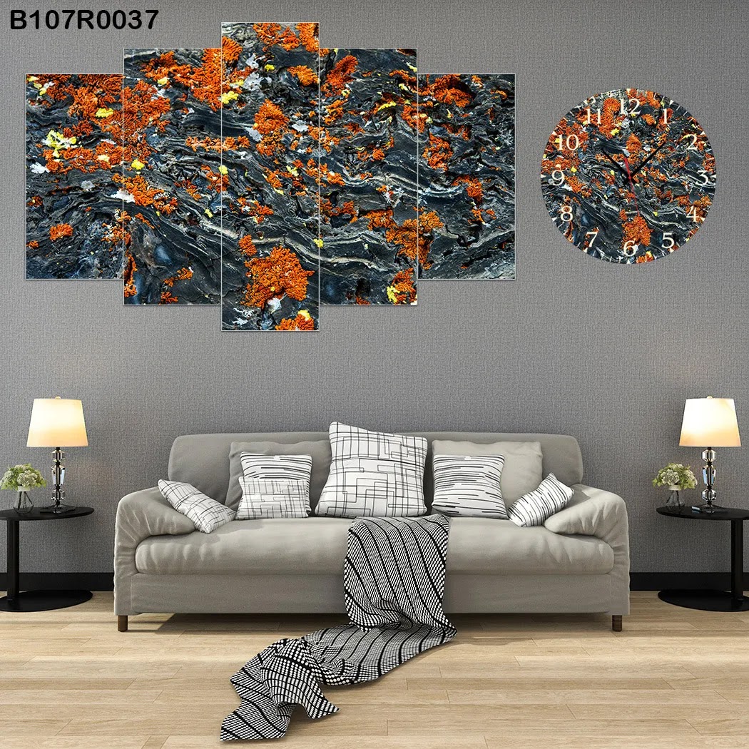 A clock and Large picture with orange and gray colors