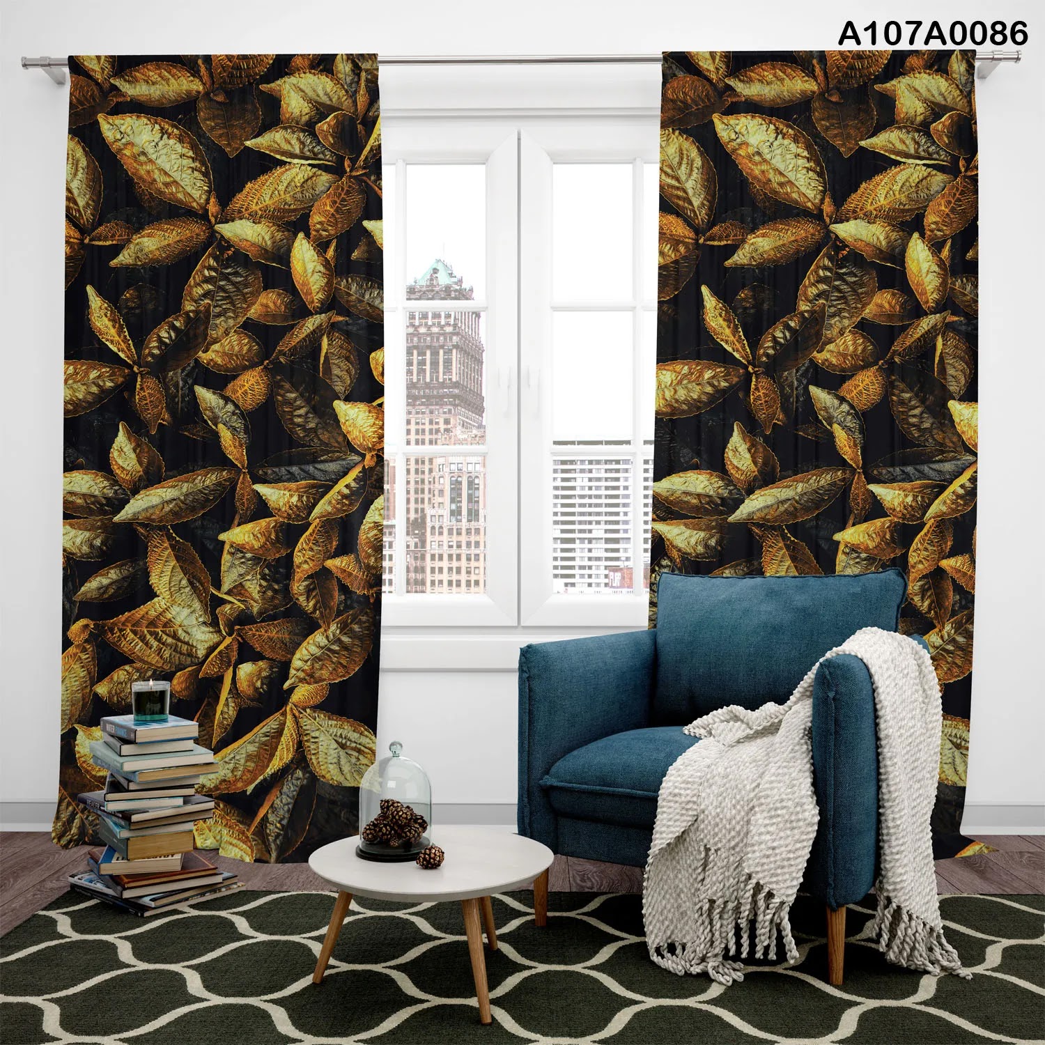 Nature view and leaves with black curtains for houses and offices