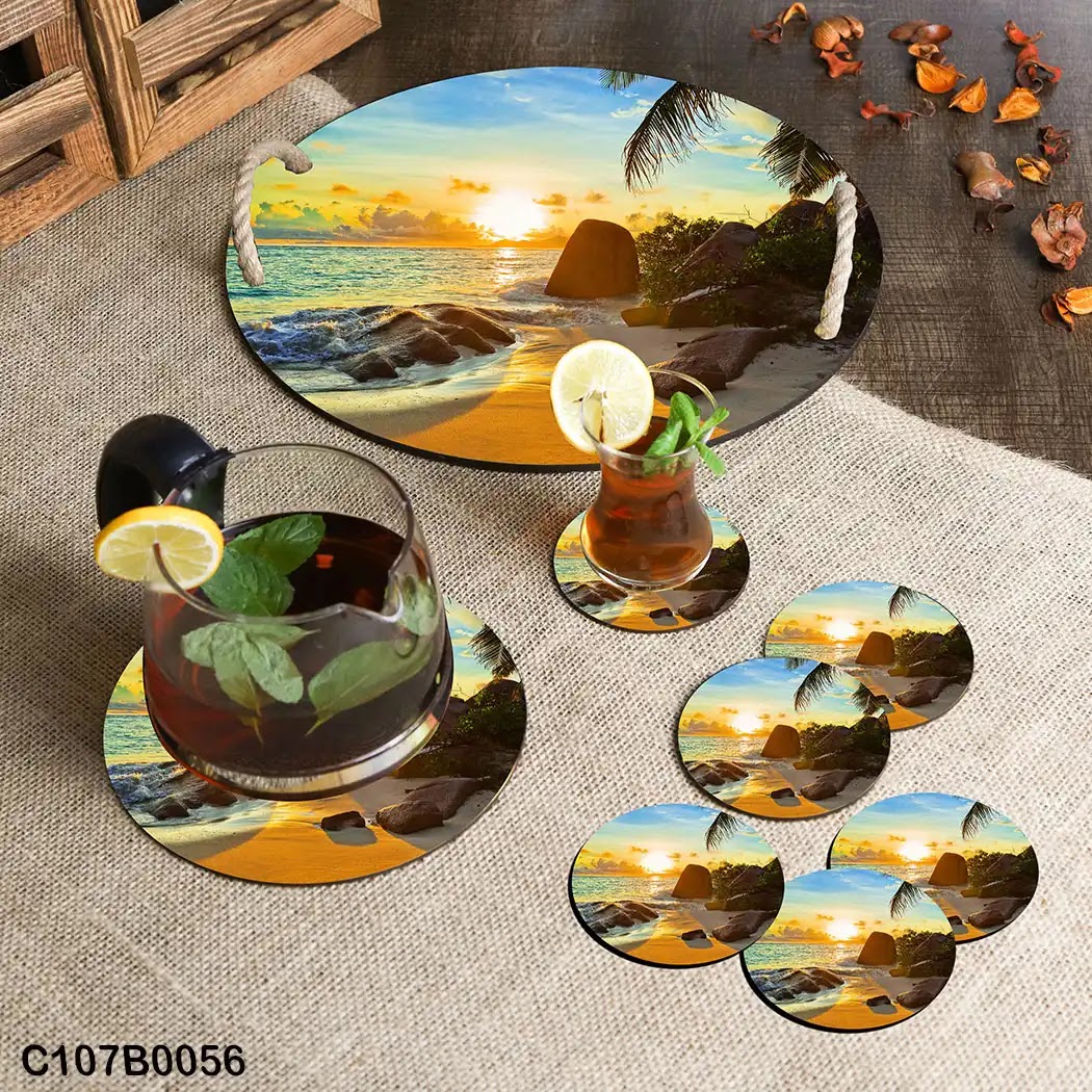 Circular tray set with beach and rocks