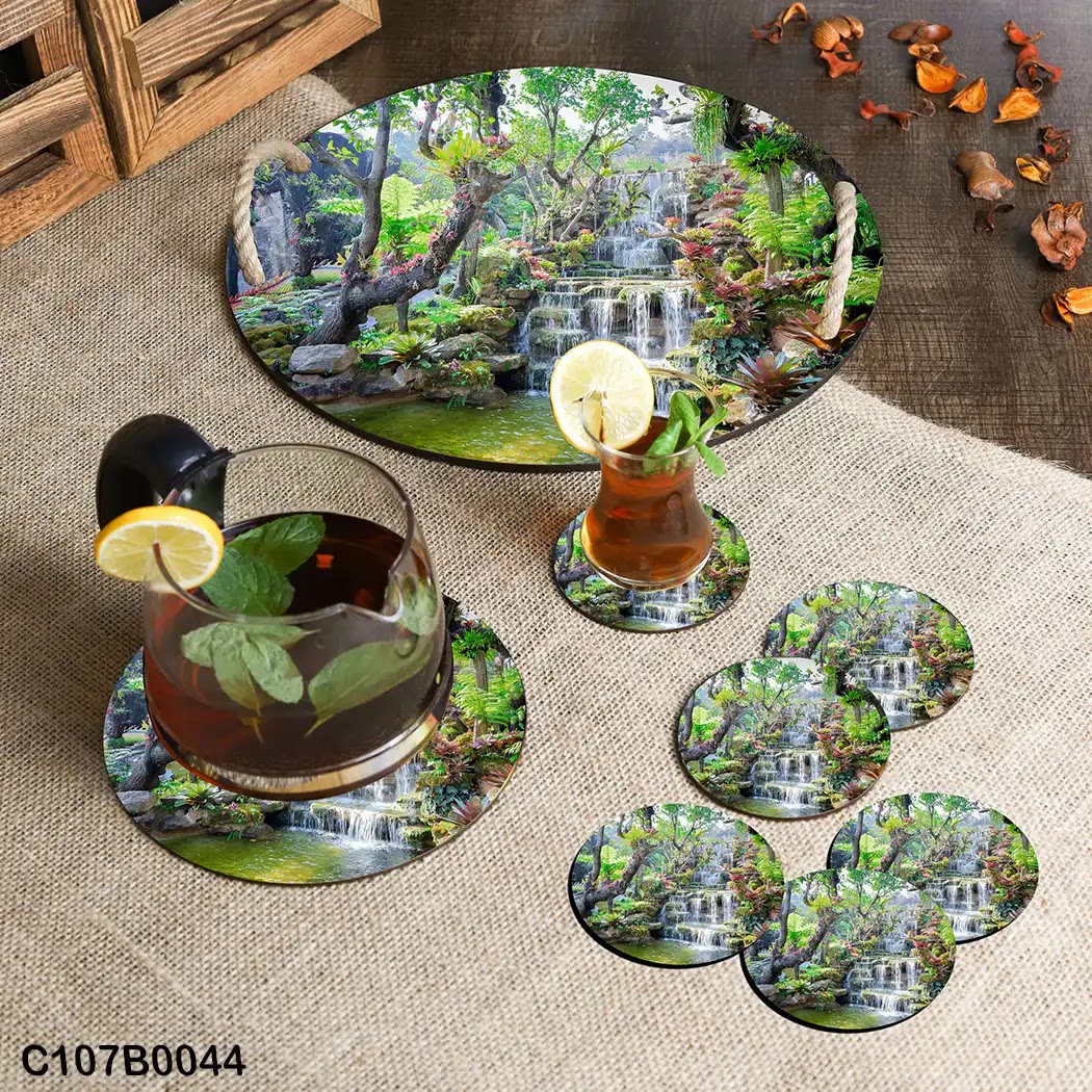 Circular tray set with river and trees view