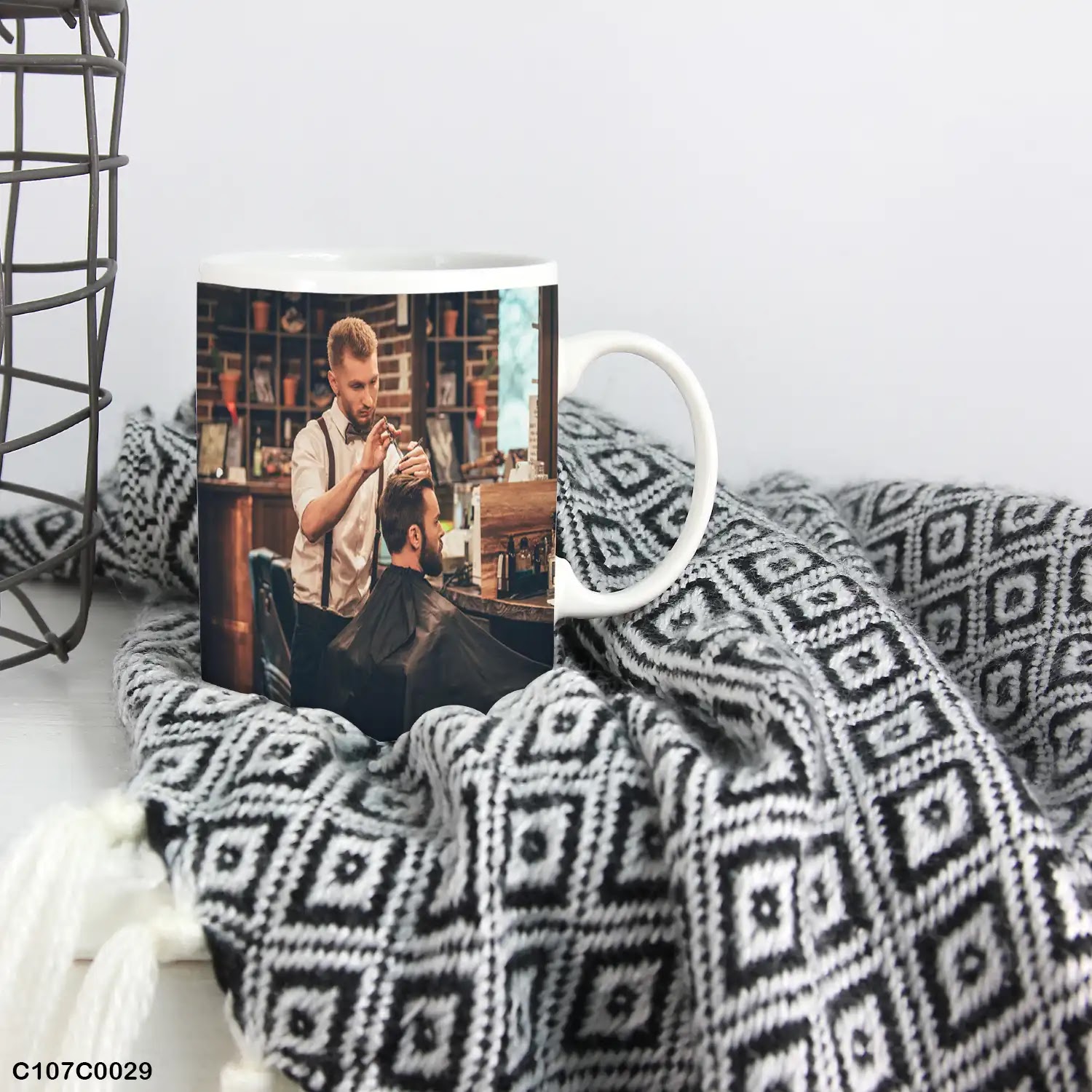 A mug (cup) printed with an image of Men's barber shop