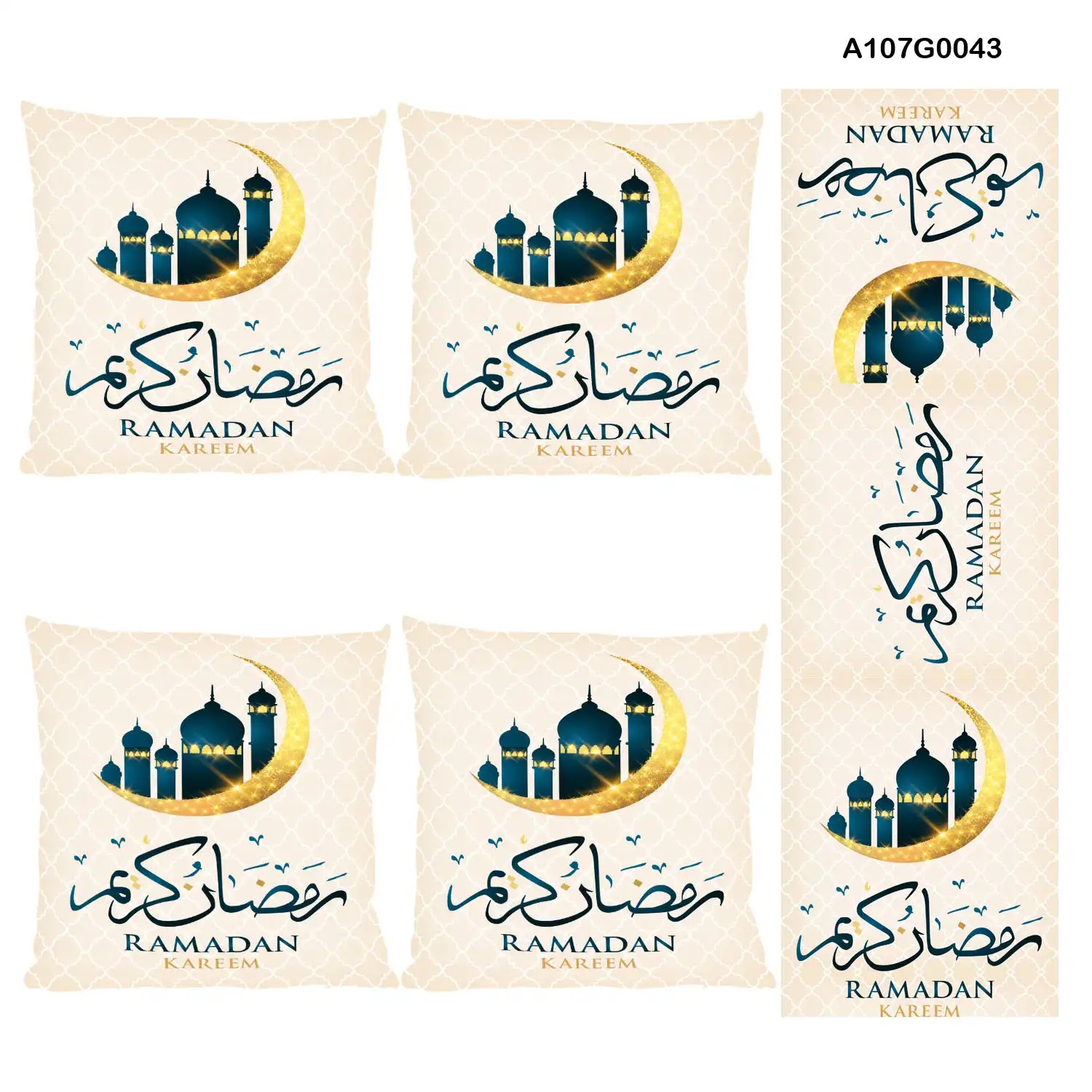 White Pillow cover set & table runner with "Ramadan Kareem" , mosque and crescent