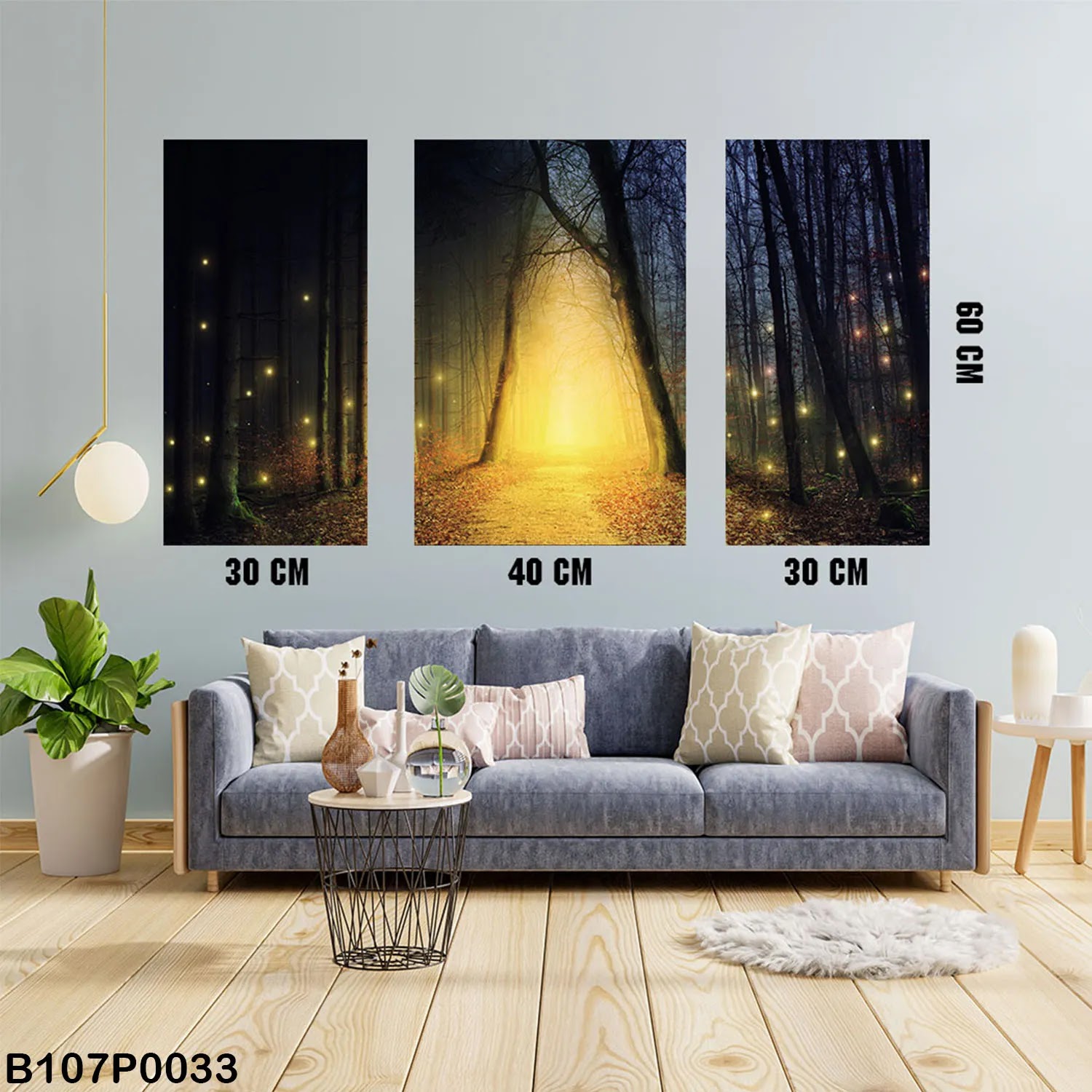 Triptych panel with forest and yellow light